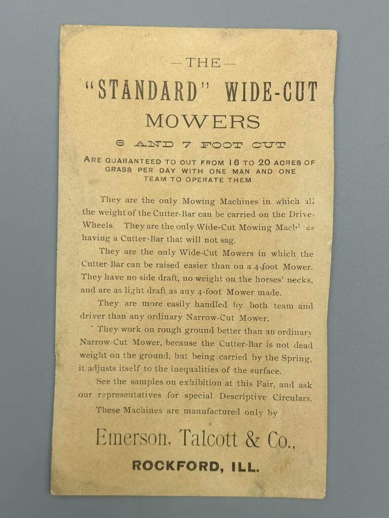 1880s FARM MACHINERY Emerson Talcott MOWER Advertising Trade Card ROCKFORD IL
