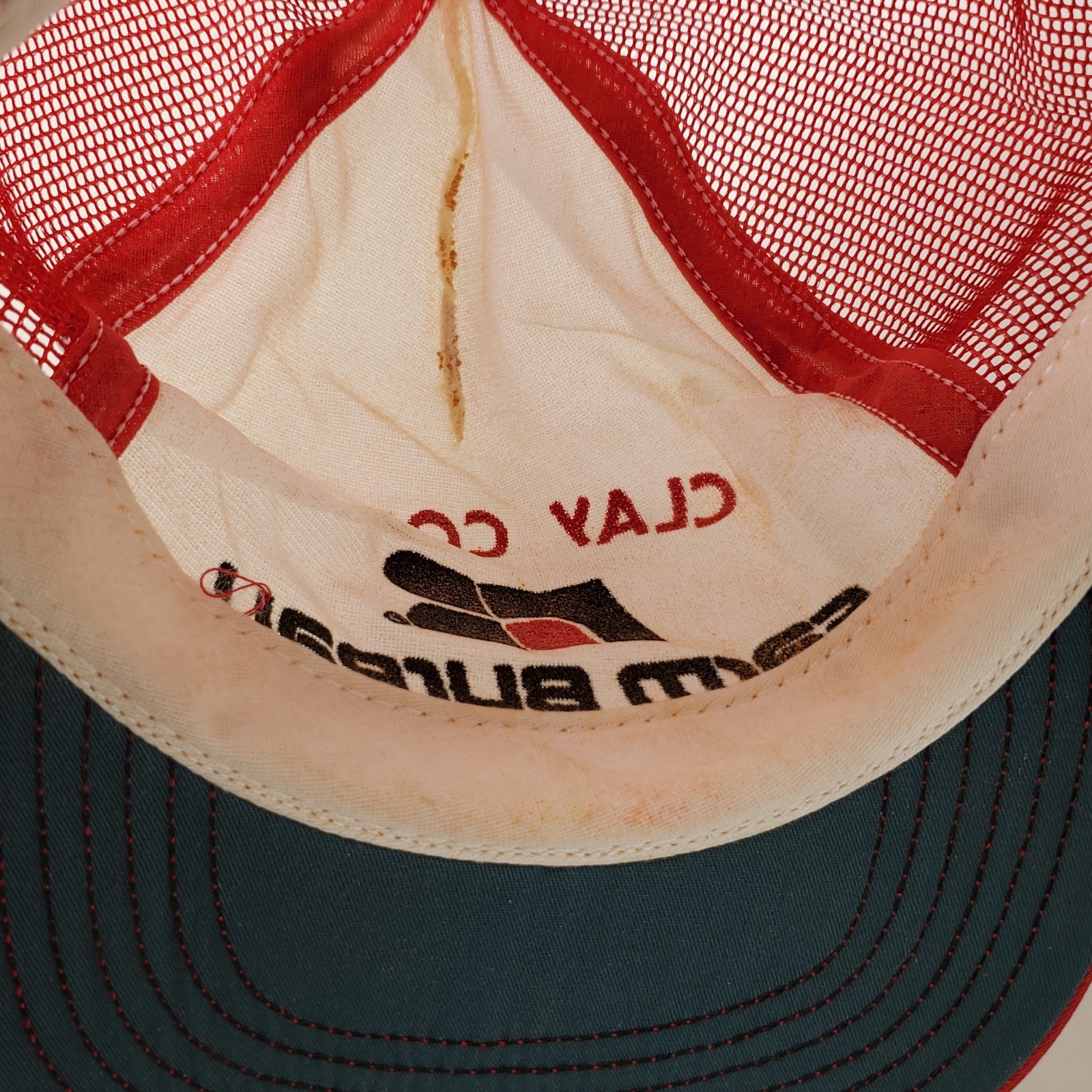 Vintage Clay County Farm Bureau Insurance Trucker Hat Red White Mesh Snapback
