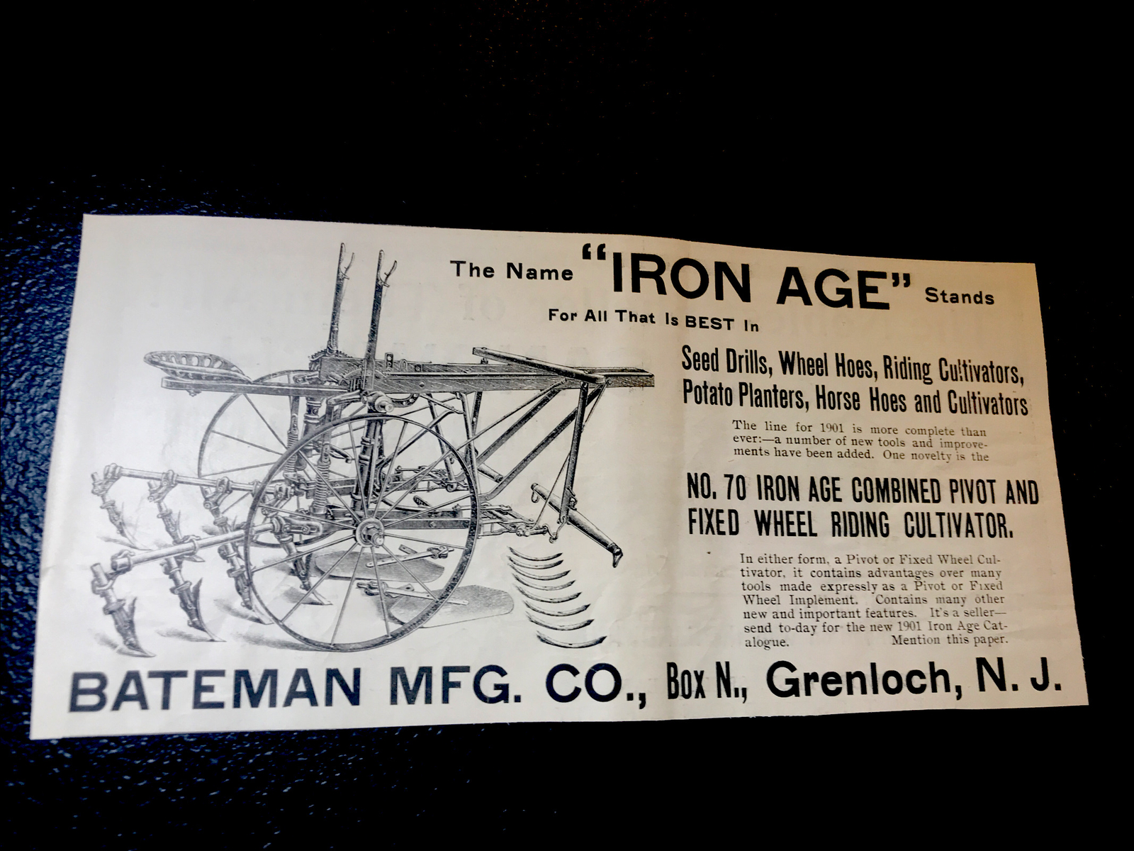 ORIGINAL 1900 Bateman Mfg. Co. Iron Age Farm Advertising – Grenloch – New Jersey