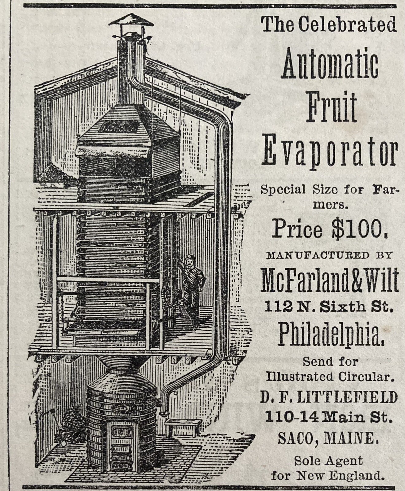 1881 AD.(XH76)~MCFARLAND & WILT CO. PHIL., PA. THE CELEBRATED FRUIT EVAPORATOR