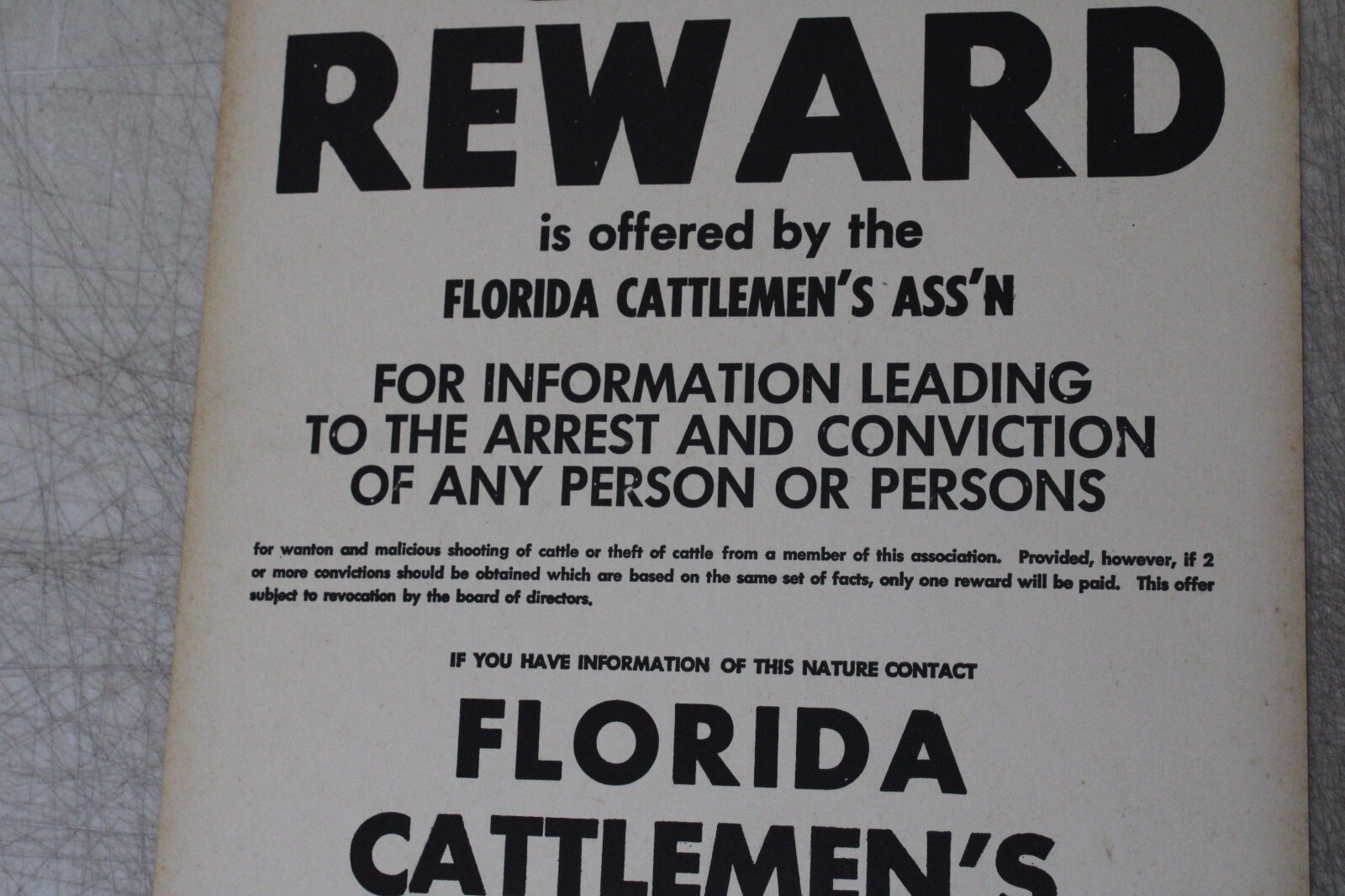 FLORIDA CATTLEMEN&rsquo;S ASSOCIATION SIGN $500.00 REWARD 10.5 X 13.5