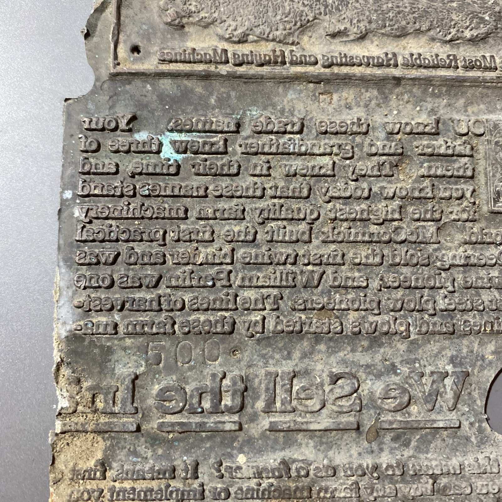 RARE McCormick Deering Copper Printing Plate 1930s farm imagery + Text Look!