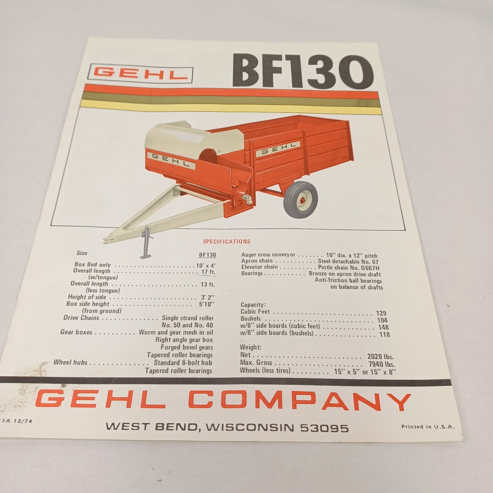 Gehl BF130 BF190 Feed Box Wagon Farm Implement Brochure Pamphlet