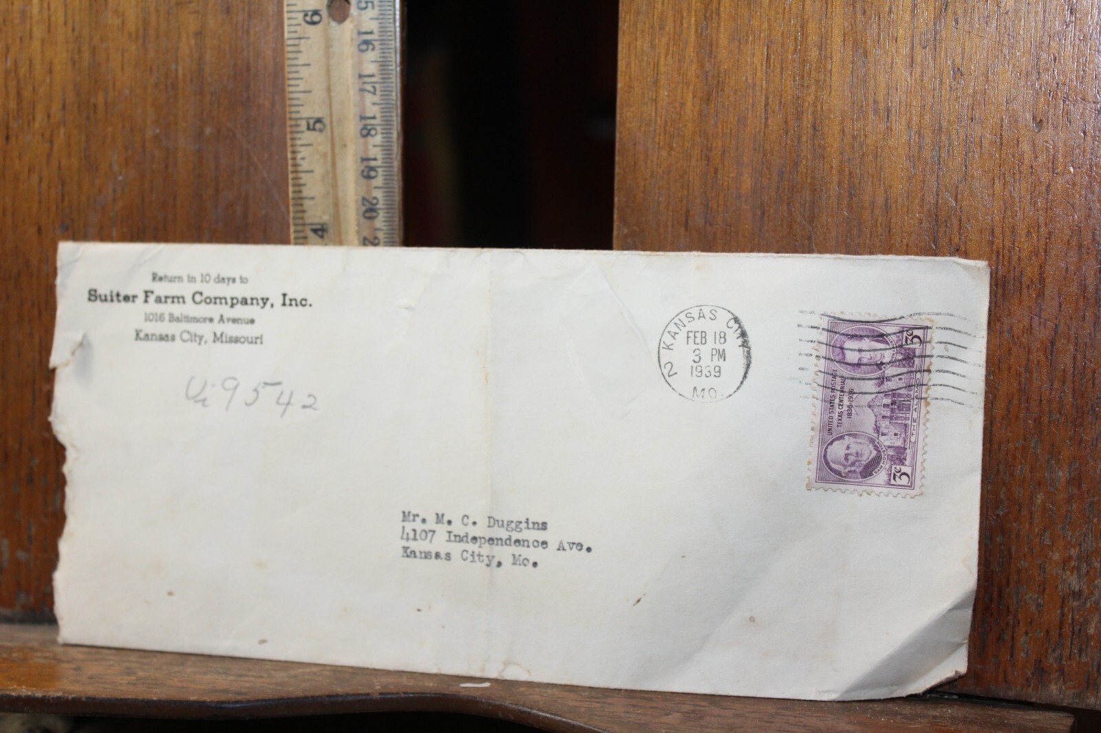 Vintage 1939 Empty Envelope Suiter Farm Company Kansas City Missouri