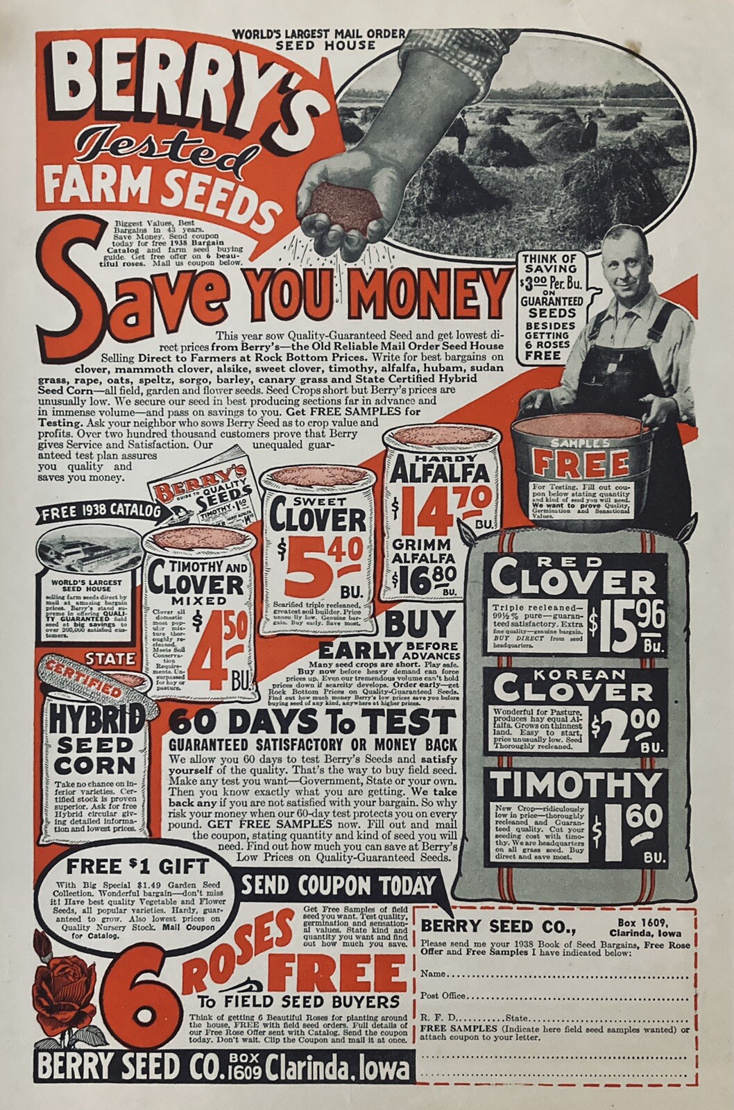 1938 AD.(XH69)~BERRY SEED CO. CLARINDA, IOWA. BERRY’S TESTED FARM SEEDS