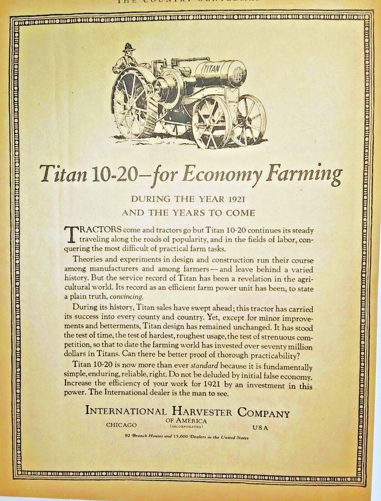 1921 Titan 10-20 Tractor Ad, Vintage, International Harvester Co, Farming