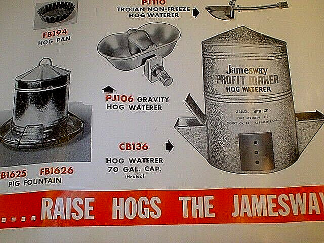 VTG 1952 JAMESWAY LIVESTOCK EQUIPMENT HOG FEEDERS PAPER POSTER SIGN 24 » X 21 »