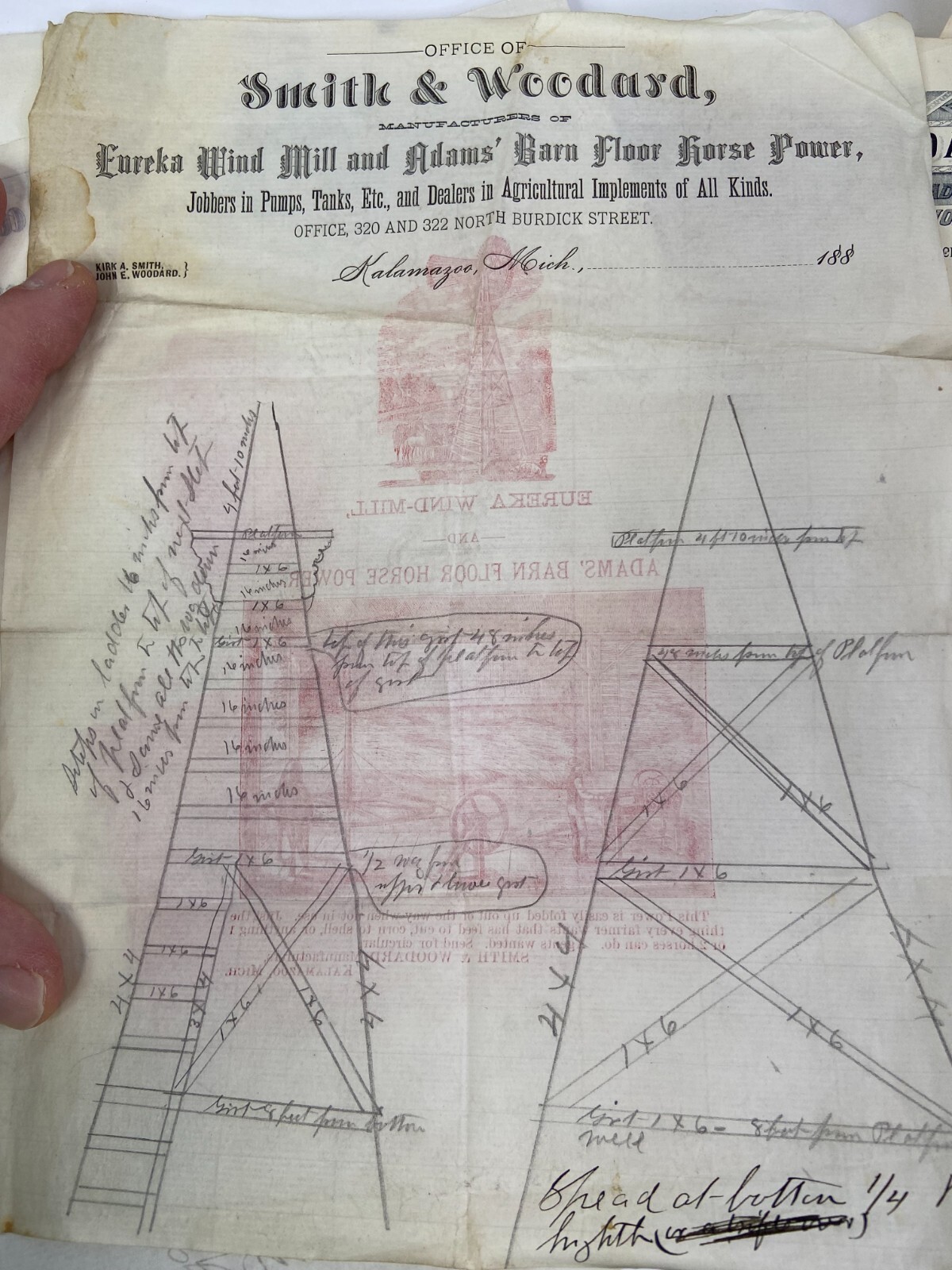 RARE ARCHIVE Letters Drawing Ephemera Smith Woodard WIND MILL Kalamazoo MI 1883