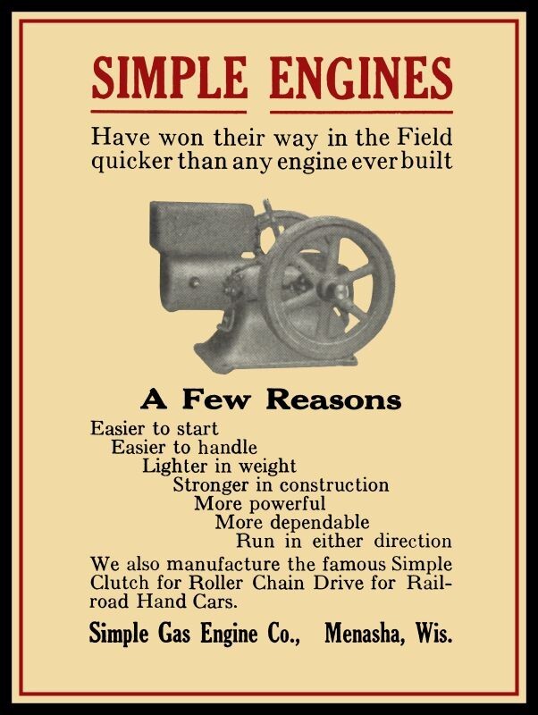 1917 Simple Gas Engine – Menasha, Wisconsin NEW METAL SIGN: 12×16&Prime; Ships Free