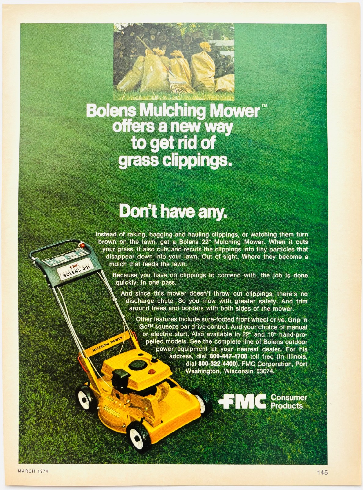 1974 FMC Bolens Mulching Lawn Mower Advertisement Agriculture Vintage DWX10A