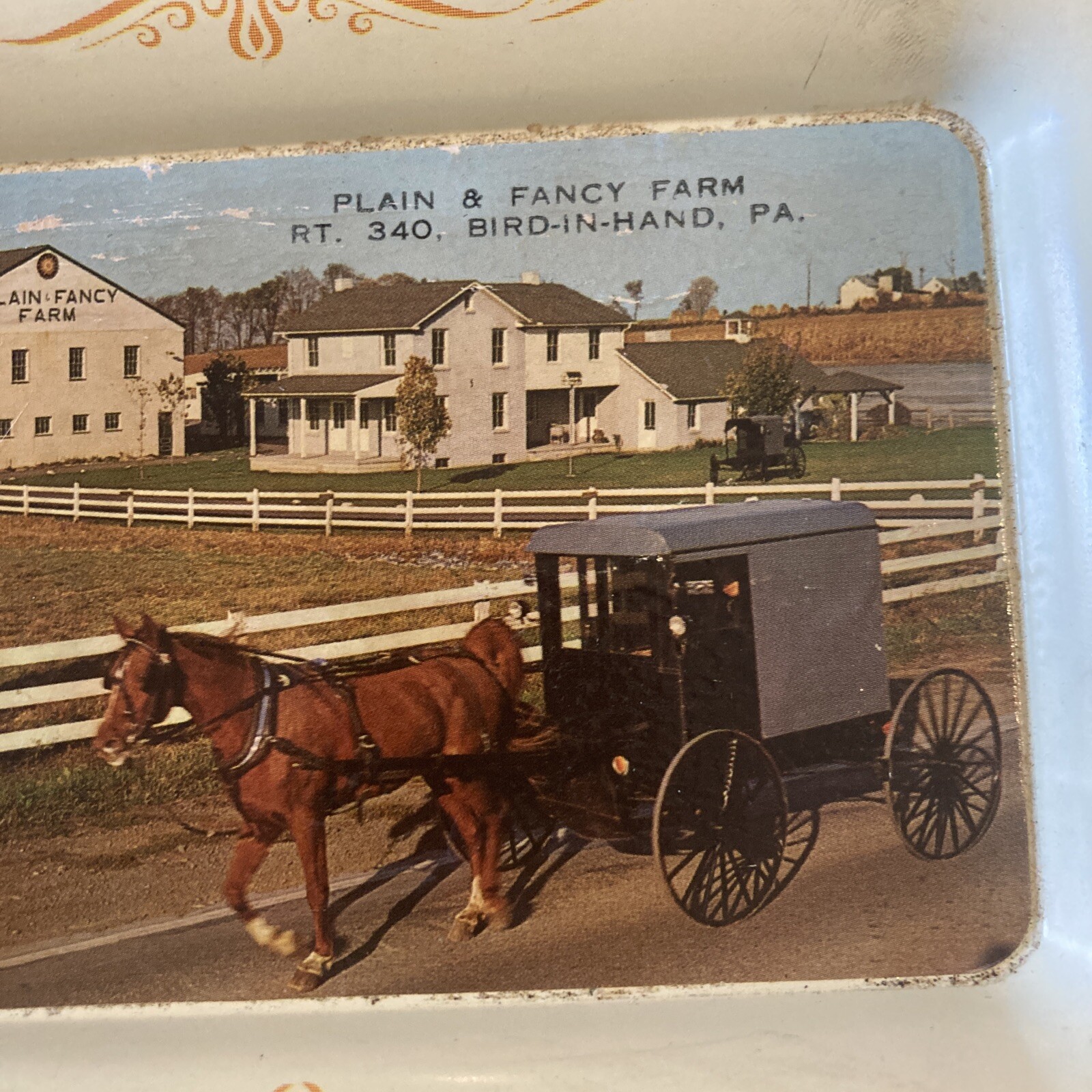Vintage Metal Trinket tray Plain & Fancy Farm Rt 340 Bird In Hand PA