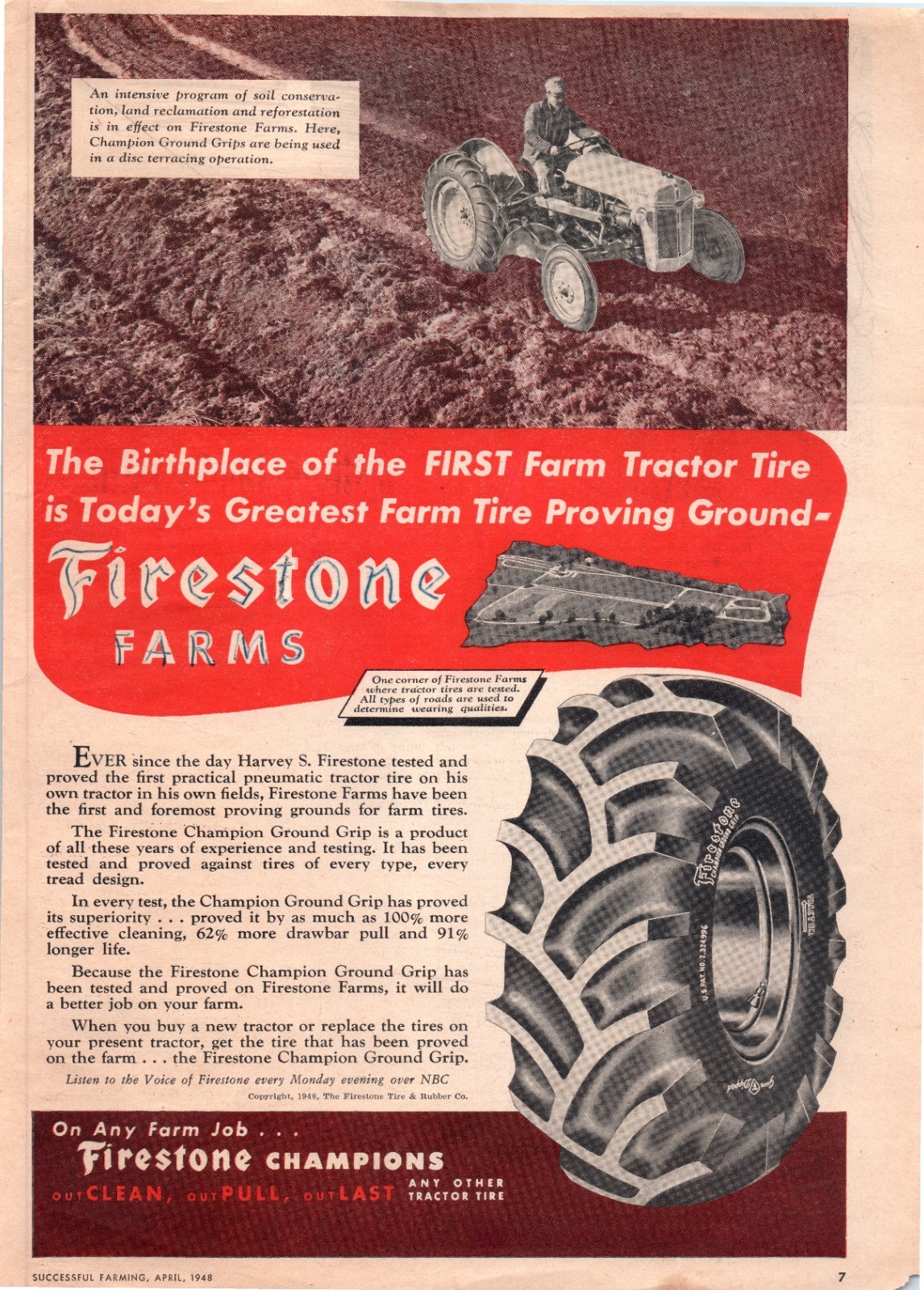 1948 Firestone Farm Tractor Tire Ground Grip 40&rsquo;s Vintage Print Ad