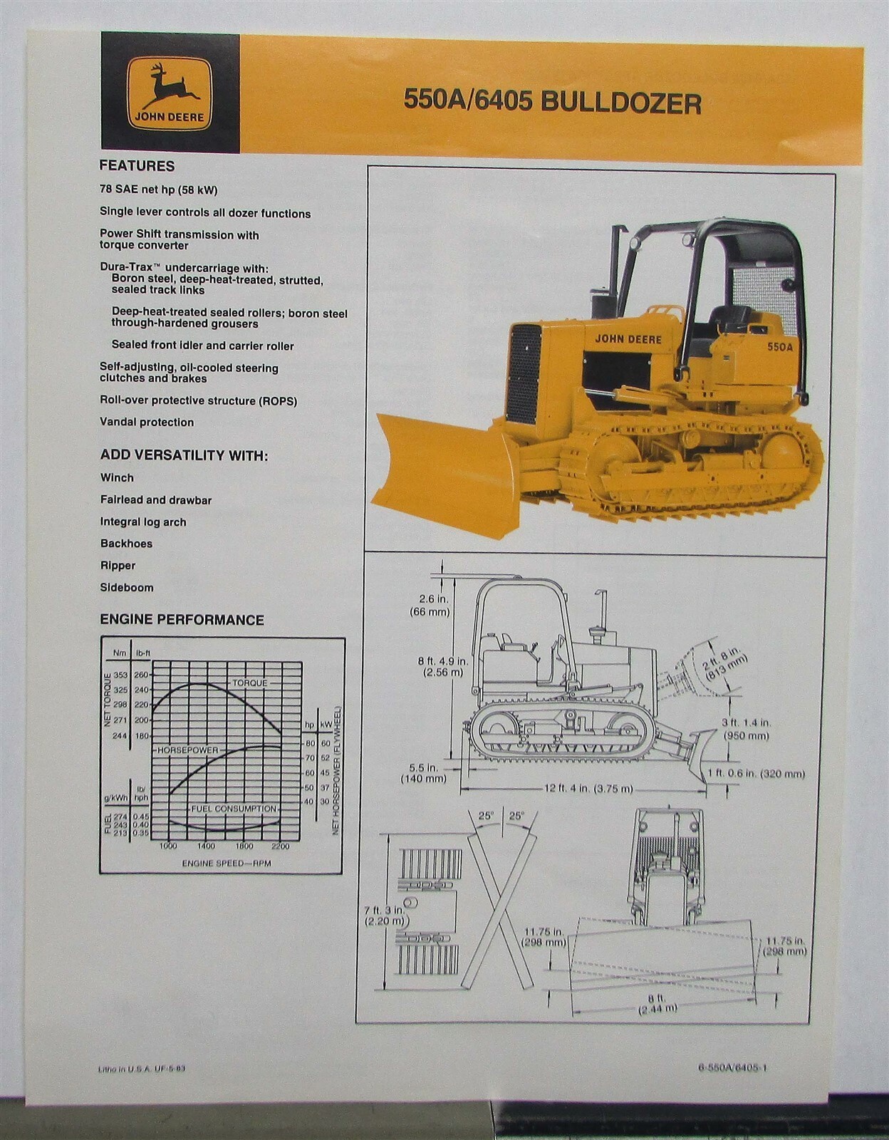 1983 John Deere 550A/6405 Bulldozer Specifications Construction Sales Brochure