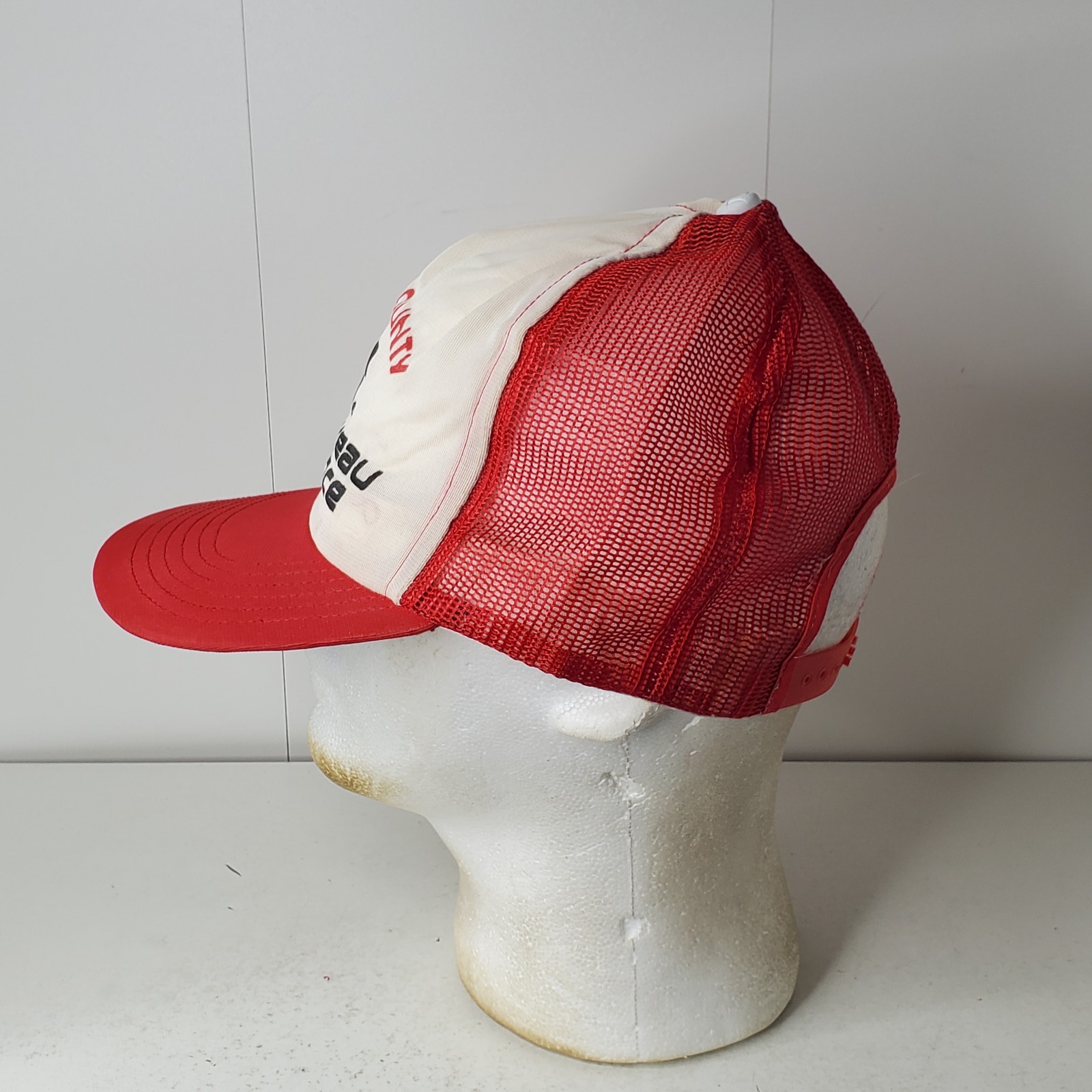 Vintage Clay County Farm Bureau Insurance Trucker Hat Red White Mesh Snapback