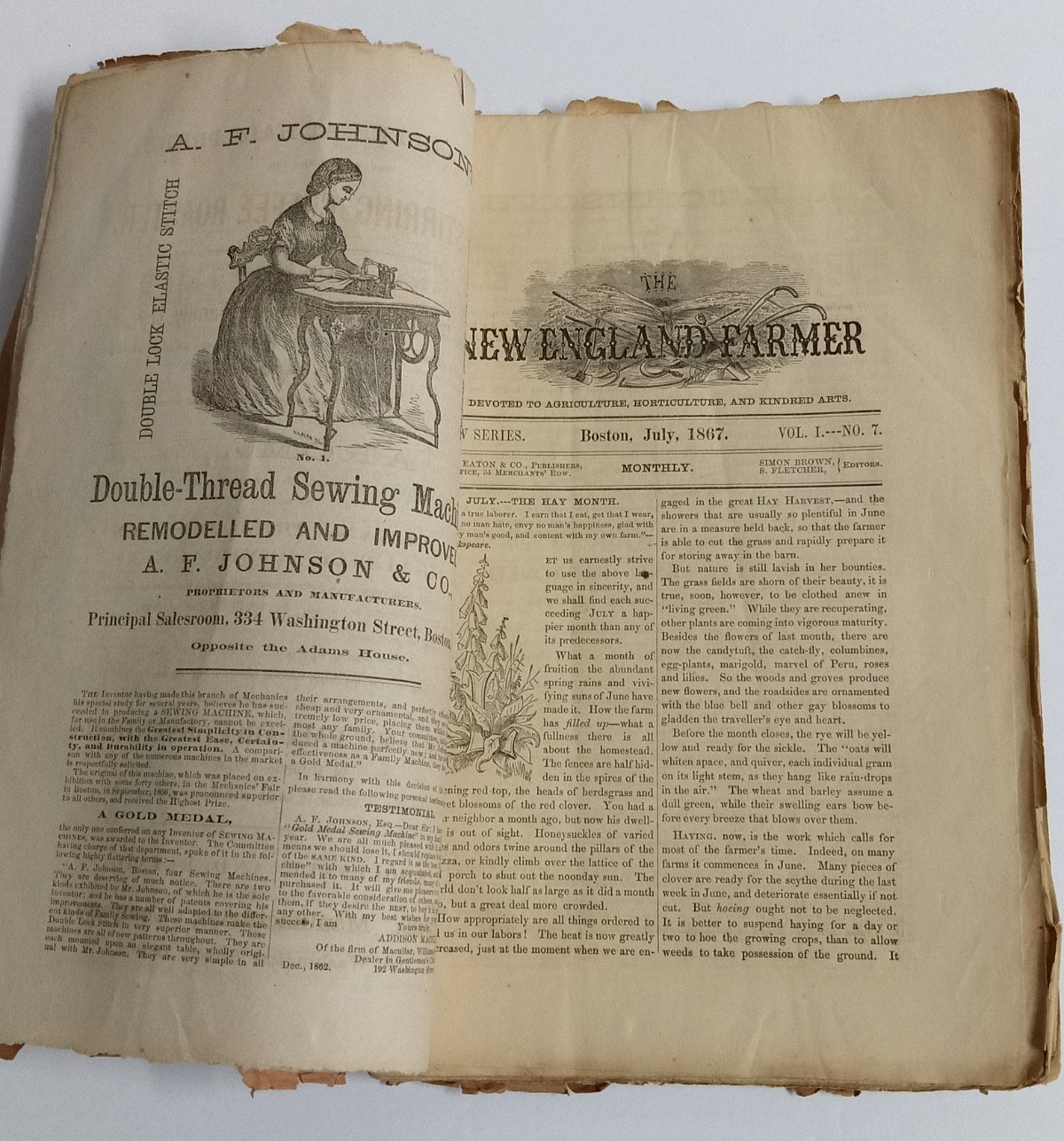 1867 New England Farmer July Monthly Devoted to Agriculture RP Eaton & Co Boston