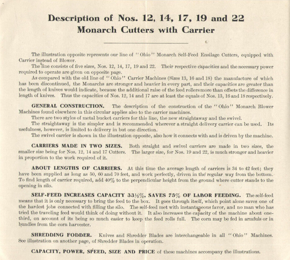 1909 OHIO FEED & ENSILAGE CUTTERS, FODDER SHREDDERS, BLOWER & ELEVATORS BROCHURE