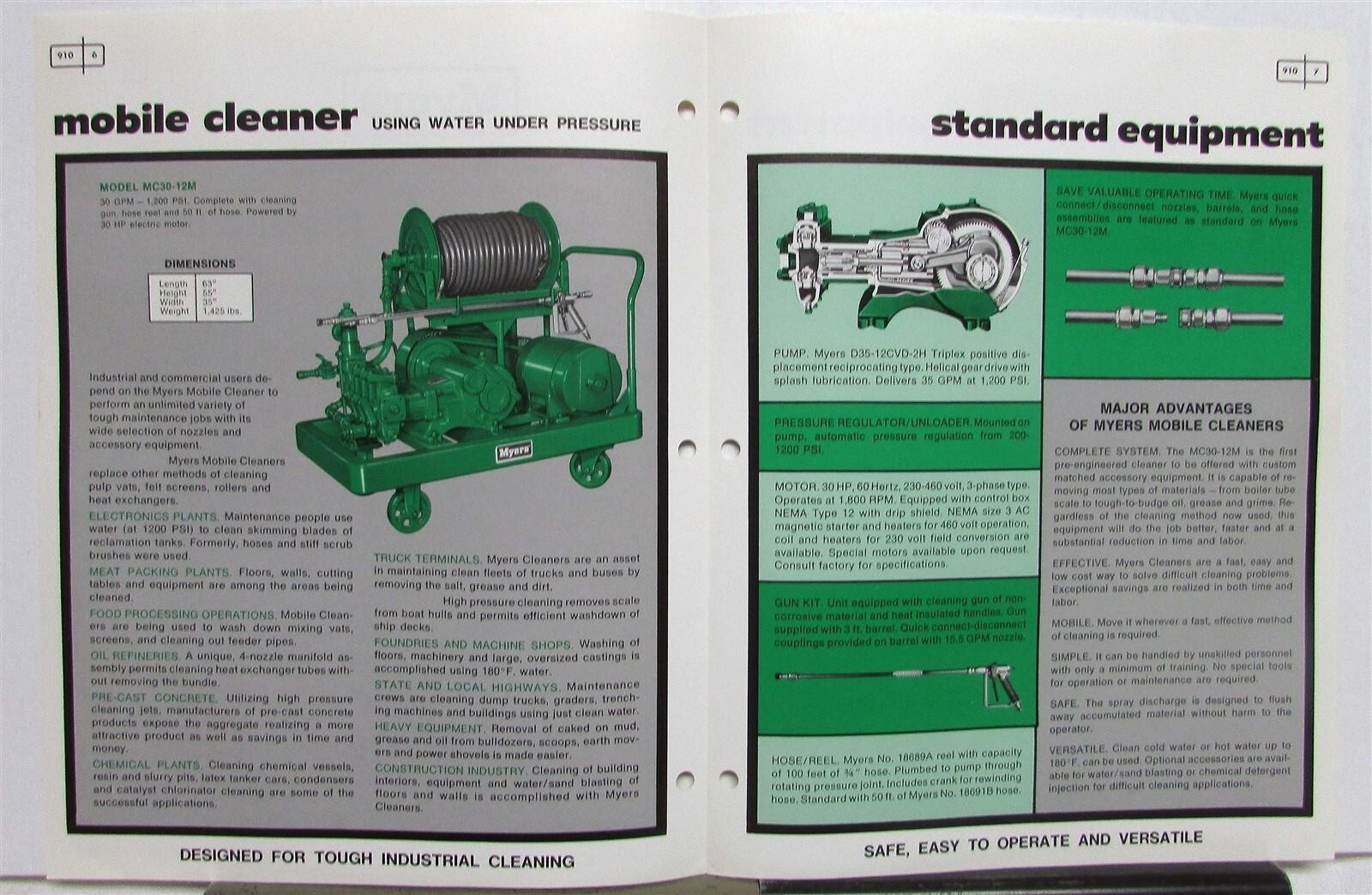 1976 Myers Mobile Cleaners 12 M 12ES Features Specifications Sales Folders