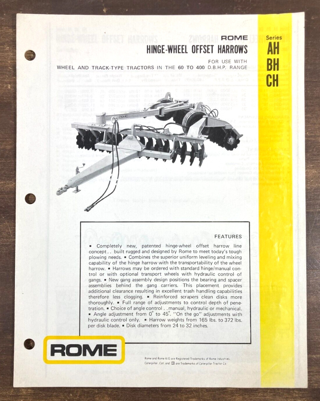 Rome Hinge-Wheel Offset Harrows 1983 Sales Brochure For Tractors CAT Caterpillar