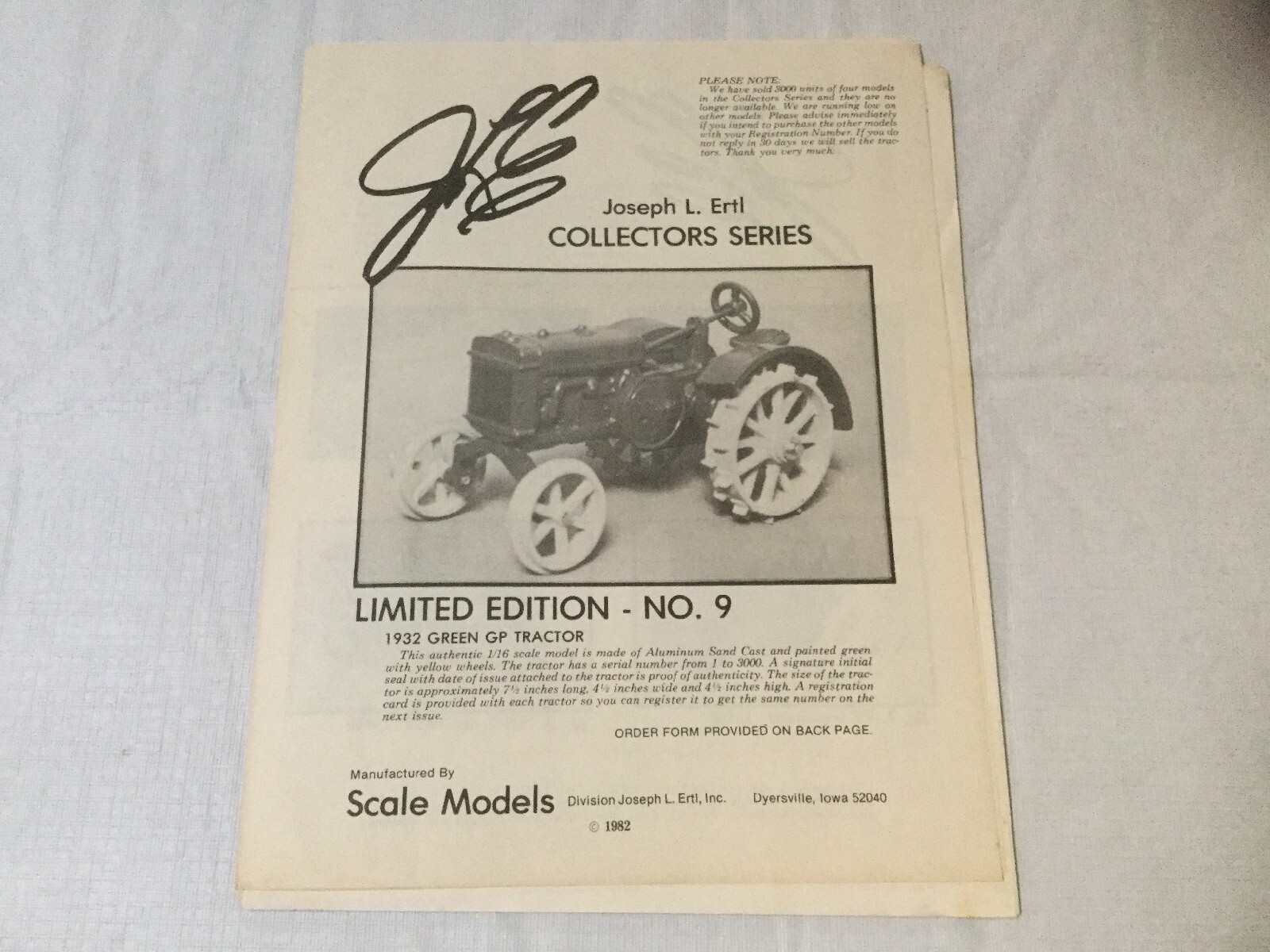 Joseph L. Ertl Scale Models Collectors Series NO. 9, 8, 7, 6, 5 Sales Brochure