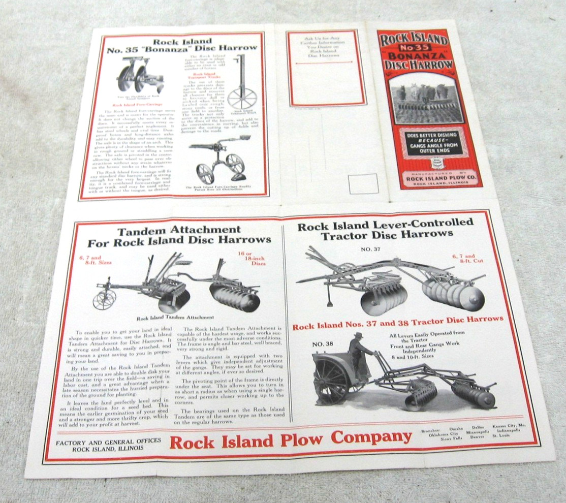 VINTAGE 1926 ROCK ISLAND BONAZA DISK HARROW BROCHURE ORIGINAL NO35
