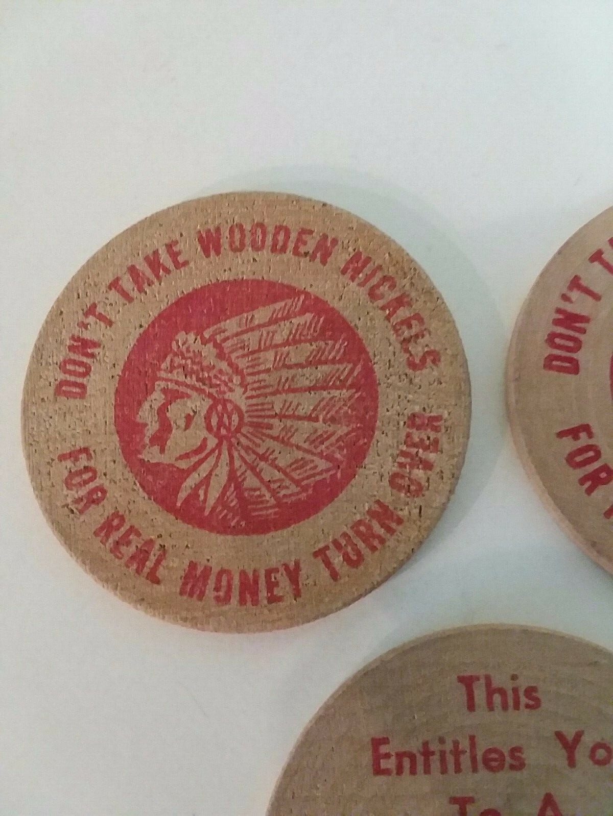 Lot of 3 Yazoo Mower Advertising Indian Wooden Nickel Big Wheel Deal Token Coins