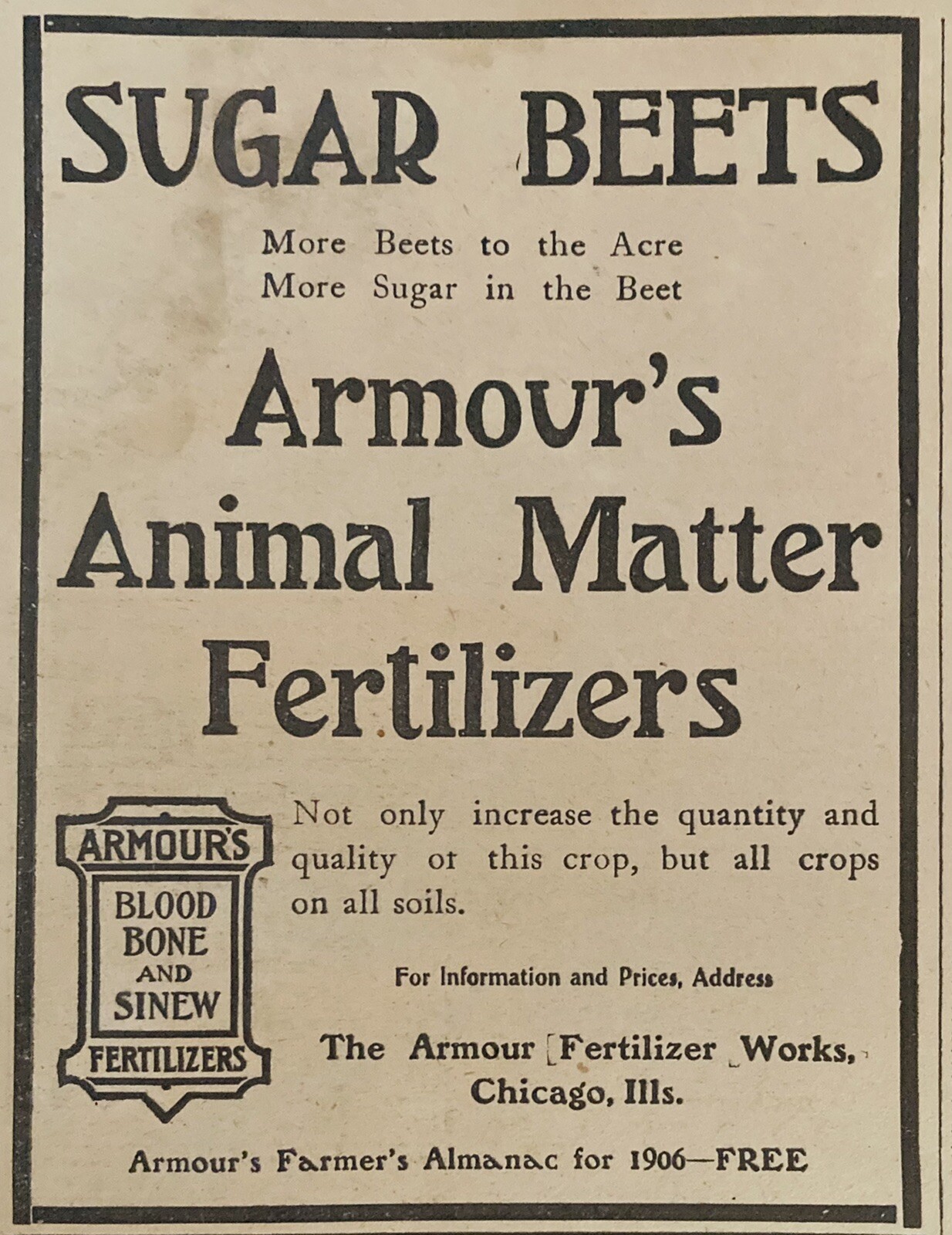 1906 AD.(XH56)~ARMOUR FERTILIZER WORKS, CHICAGO. ANIMAL MATTER FERTILIZERS