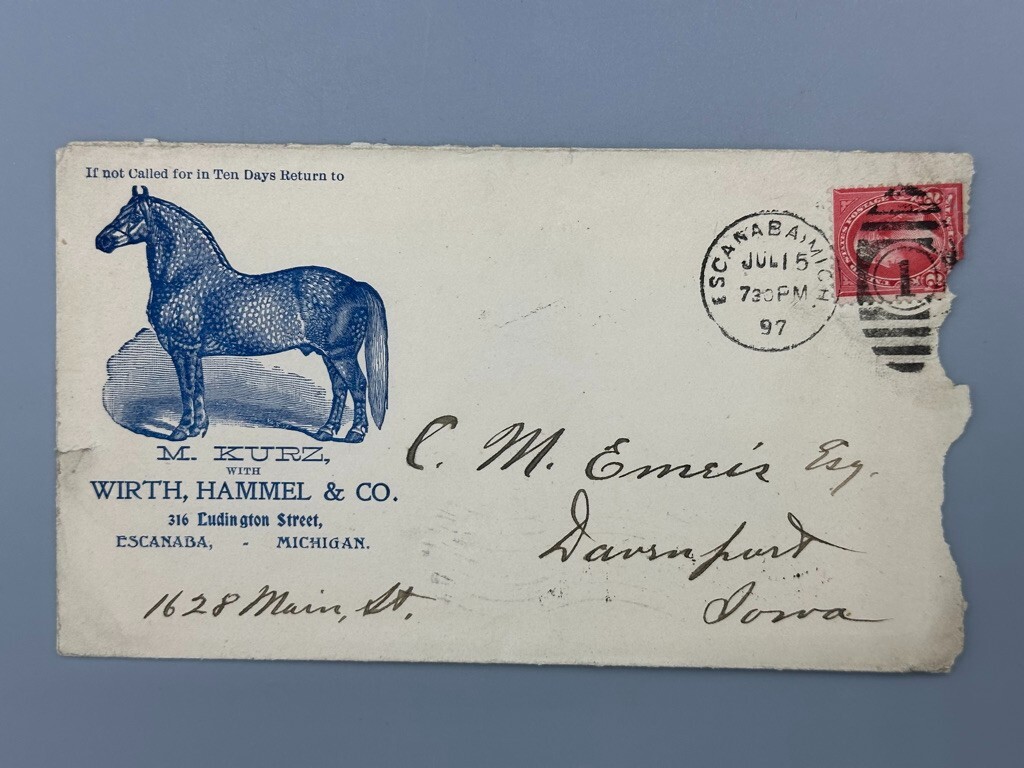 1897 SPOTTED HORSE Michigan ESCANABA Illustrated Postal Cover FARM Advertising