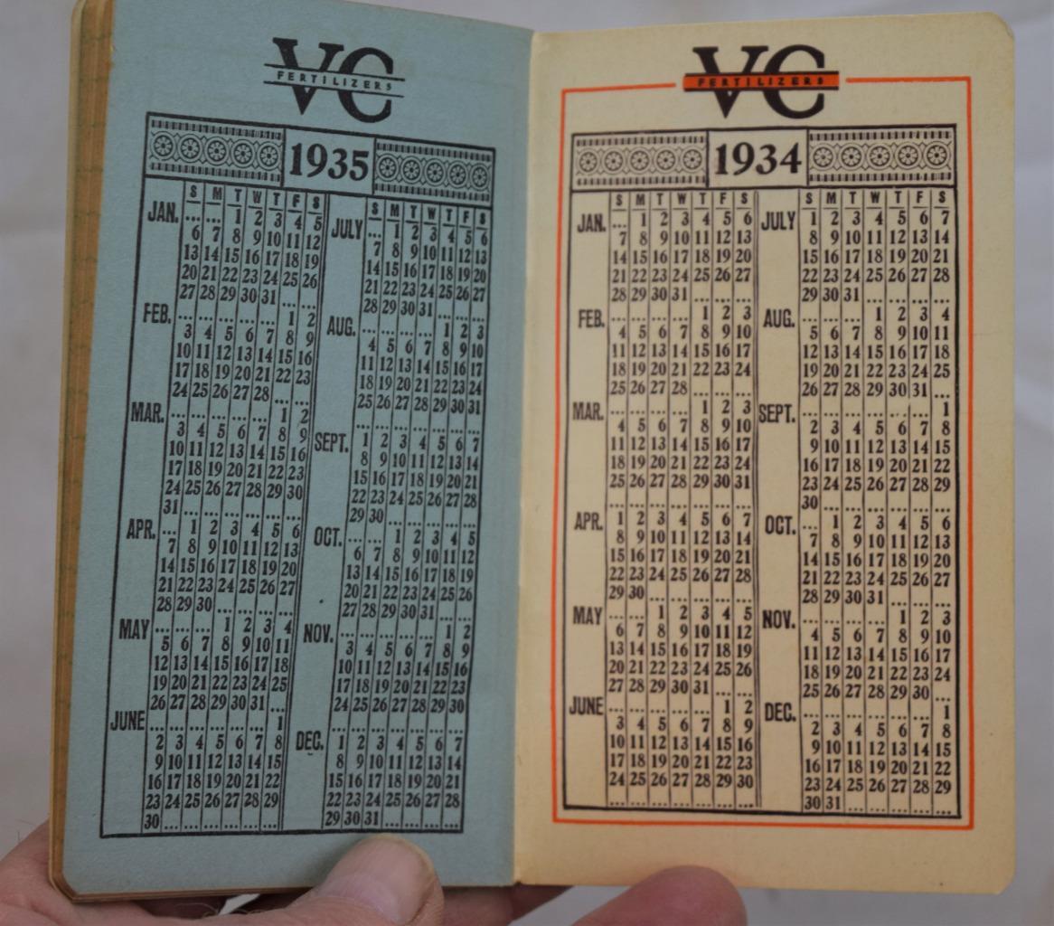 1934 1935 VC Virginia-Carolina Fertilezer Pocket Notebook Calendar Unused
