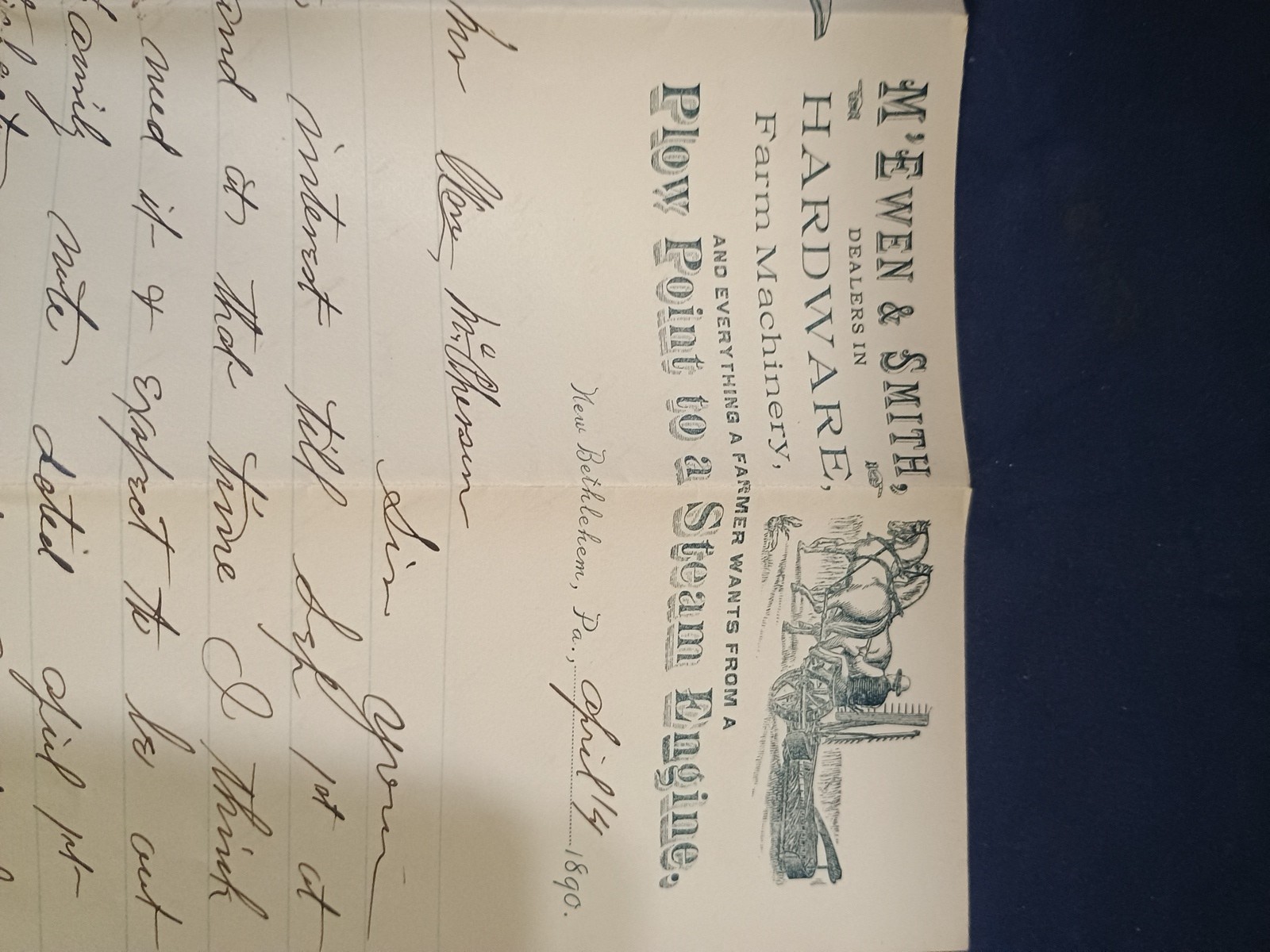 Vintage 1890 M&rsquo;EMEN & SMITH Farm Implements,Letter & Envelope