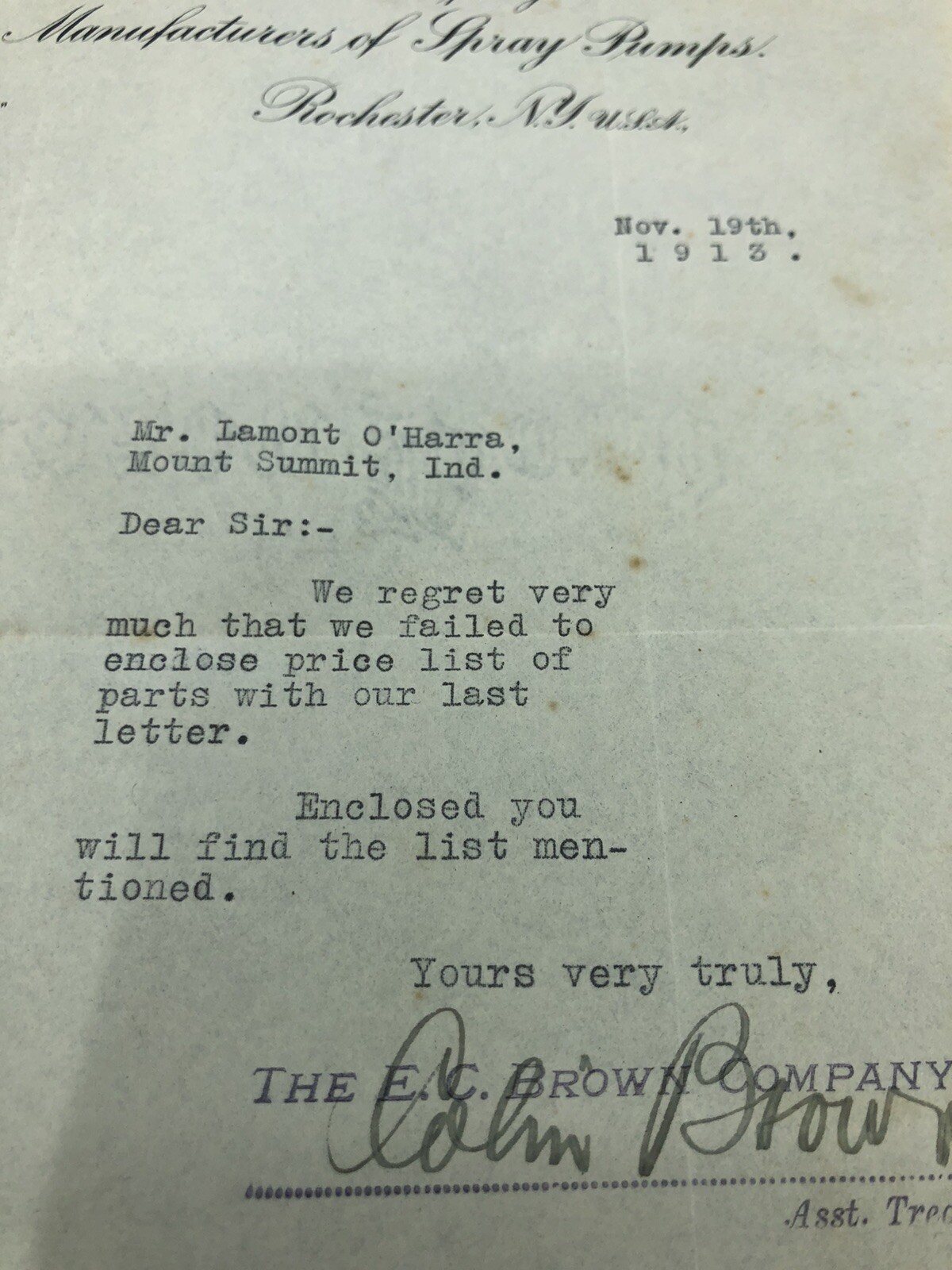 Large ADVERTISING POSTER 1913 Rochester, NY-E.C. BROWN Co SPRAY PUMP LETTERHEAD