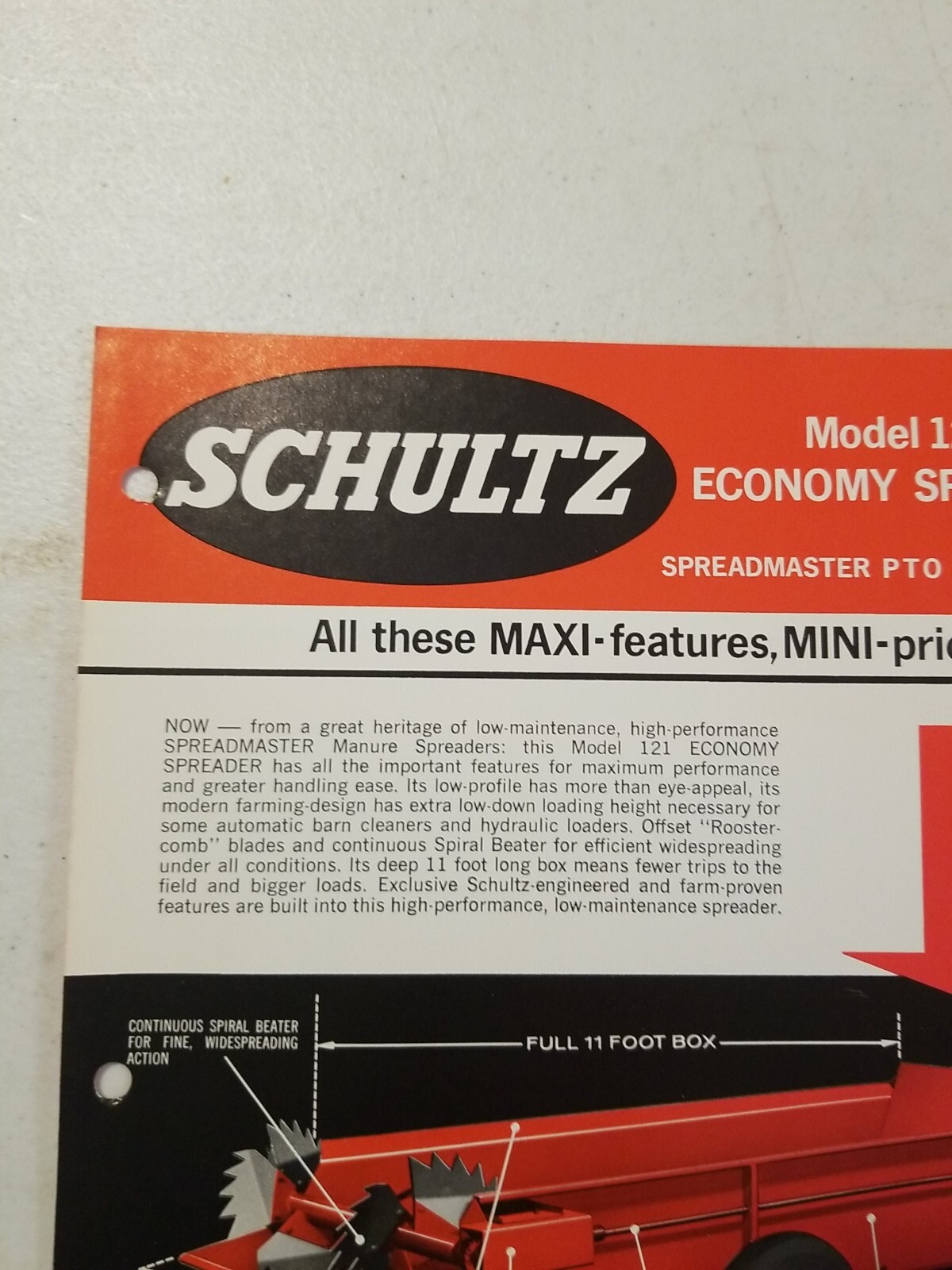 Vintage 1970 L.H. SCHULTZ Mfg Co GENERAL MANURE SPREADER Model 121 Spec Sheet