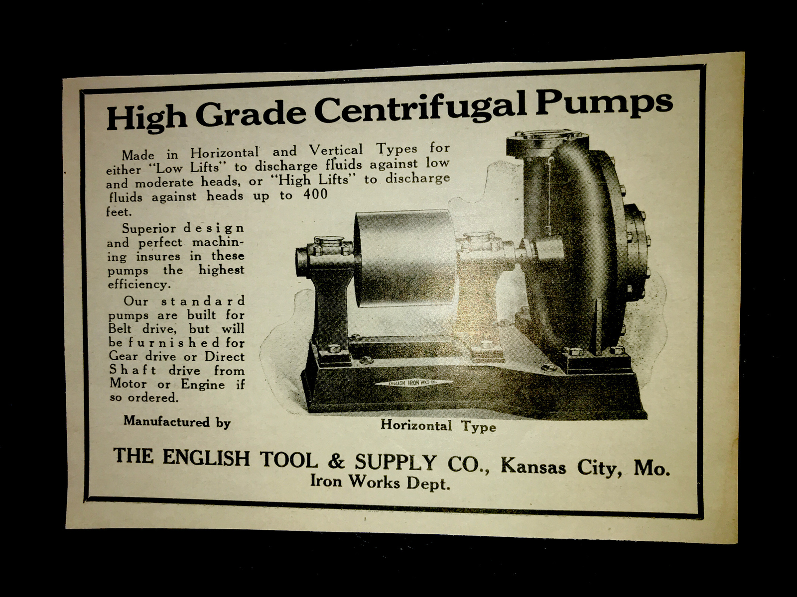 1916 English Tool & Supply Pumps Farm Advertising – Kansas City – Missouri