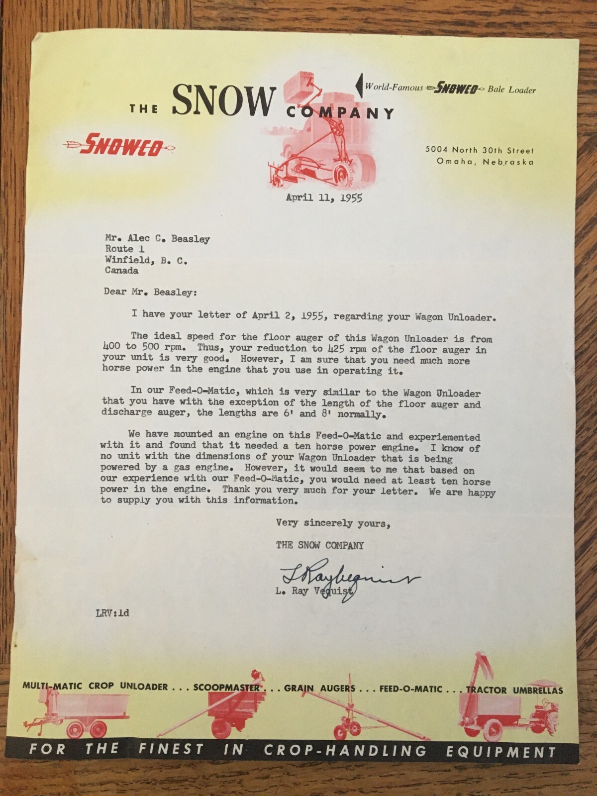 Snow Company Snowco Farm Machinery Letter Receipt 1955 Kelowna BC Cattle Ranch