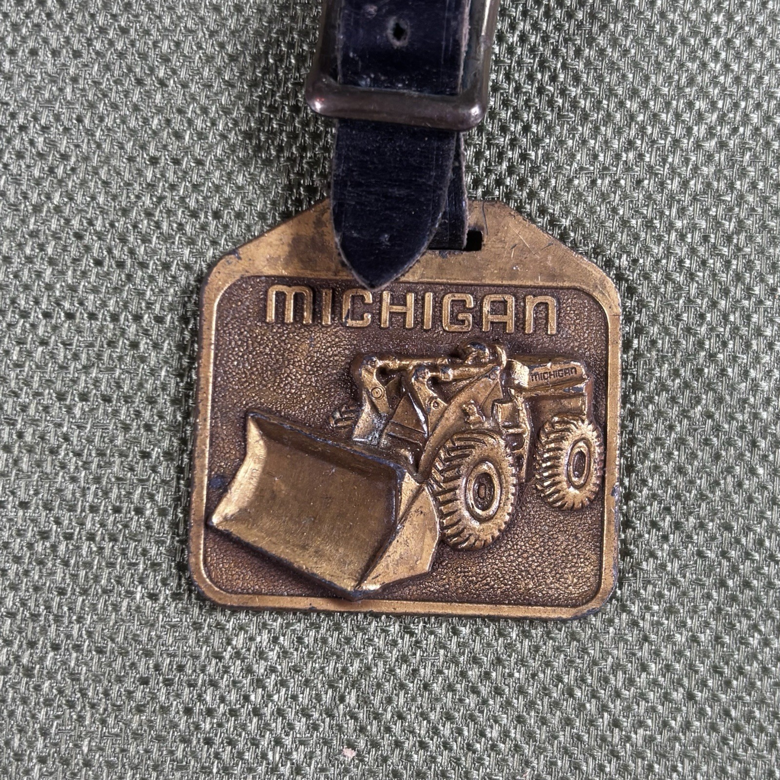 Vintage Michigan Tractor Loader Brass Key Fob Tag Brown Farm Ag Equipment