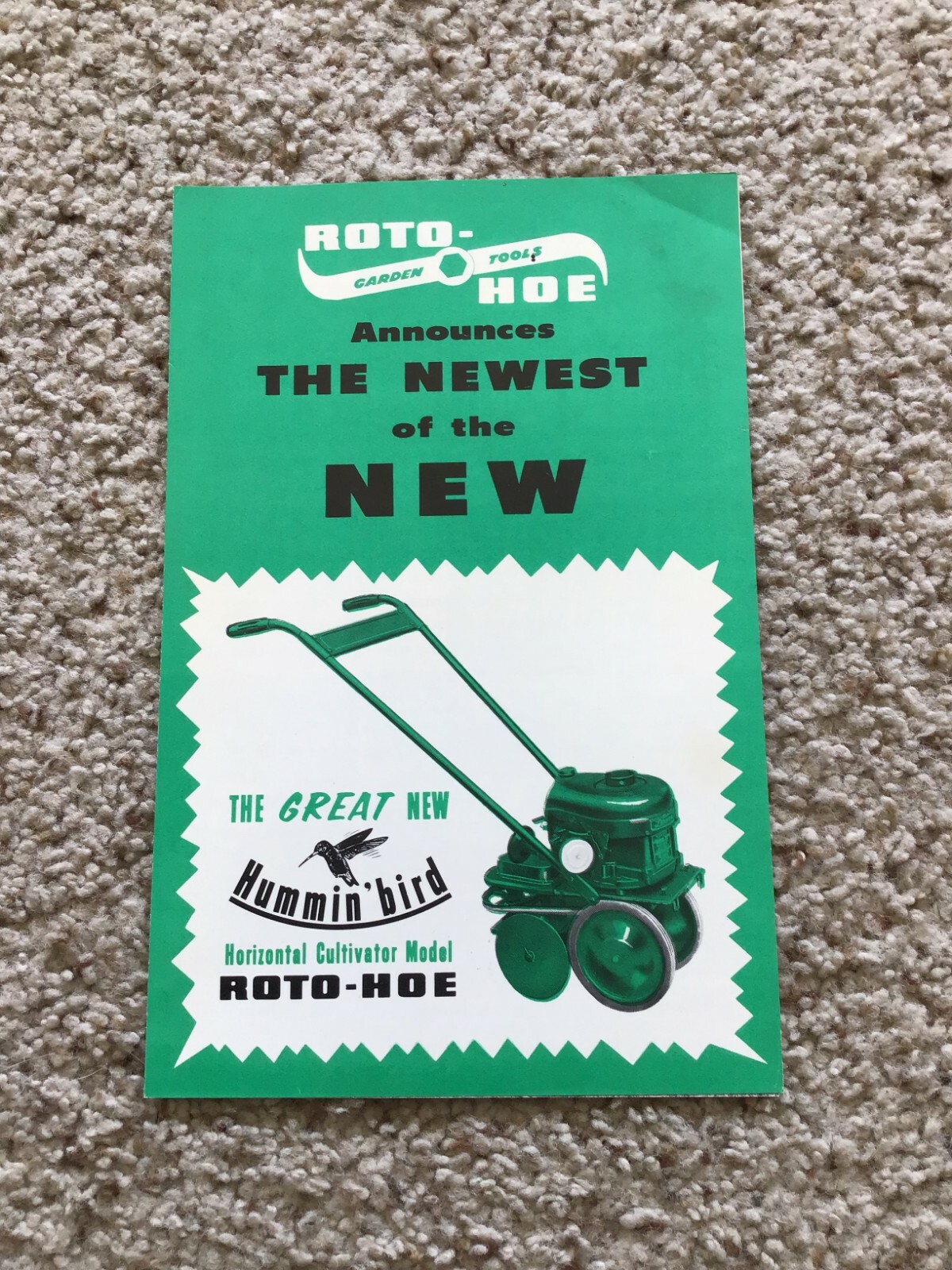 1955 Roto-Hoe Garden tools new Hummin bird, sales literature.