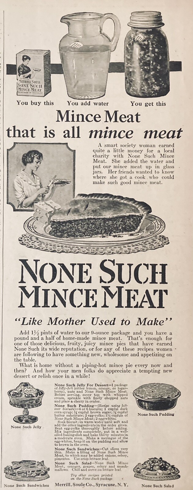 1919 AD.(XH16)~MERRILL SOULE CO. SYRACUSE, NY. NONE SUCH MINCE MEAT