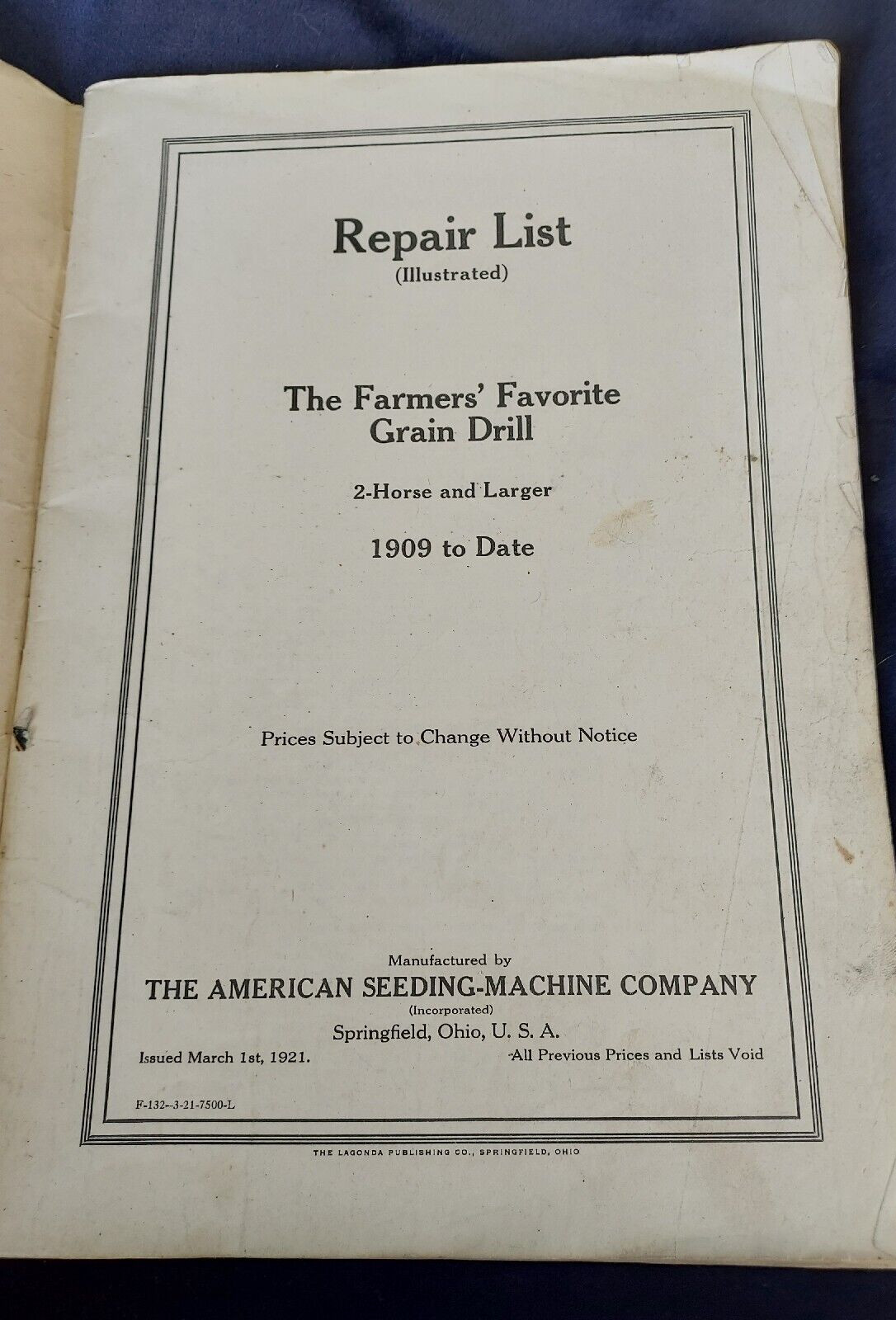 1921 Repair List Farmers Favorite Drill American Seeding Machine Springfield OH