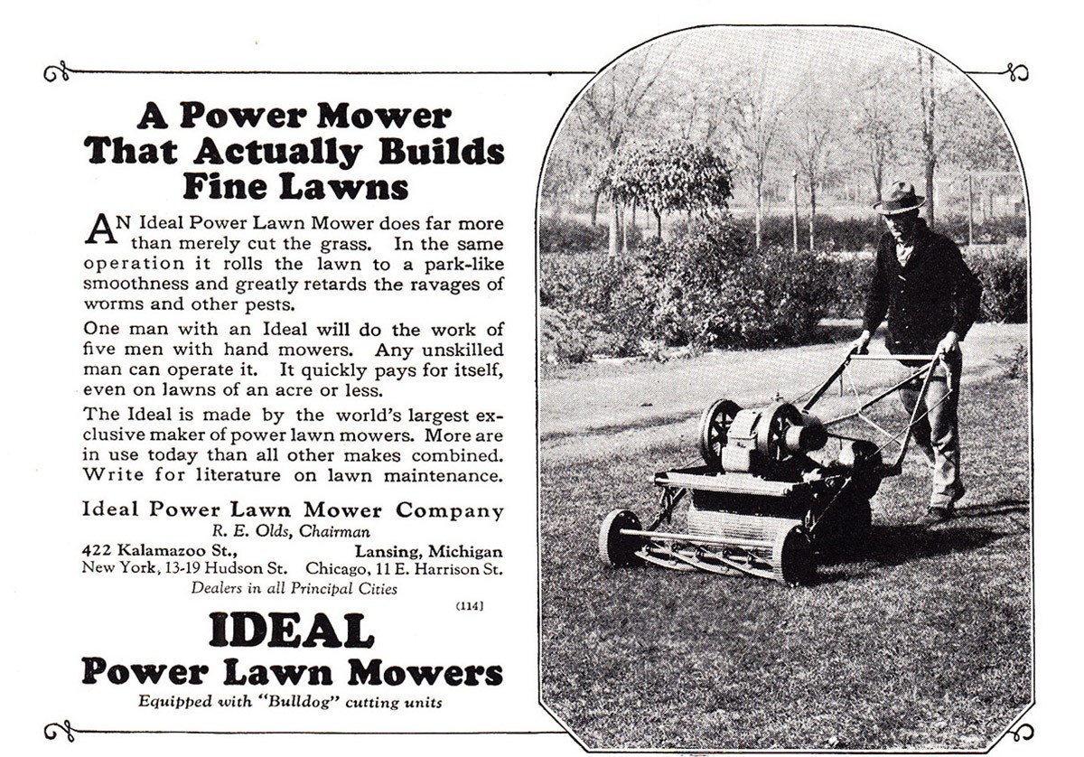 1925 Ideal Power Lawn Mower: Actually Builds Fine Lawns Vintage Print Ad