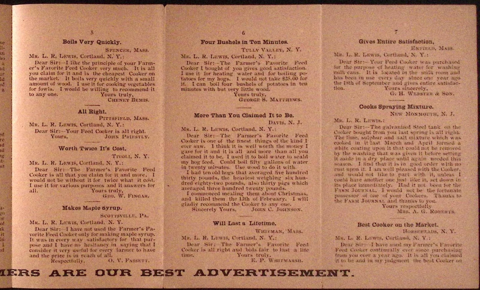Farmers Favorite Feed Cooker Testimonial Brochure c1920s Cortland NY 3.25 x 6&Prime;