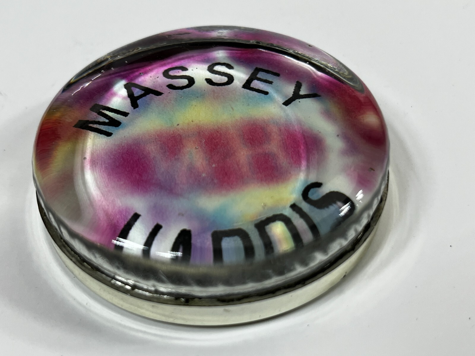 Massey Harris Glass Paperweight Tractor Advertising Folk Art 3.5&Prime; Vintage