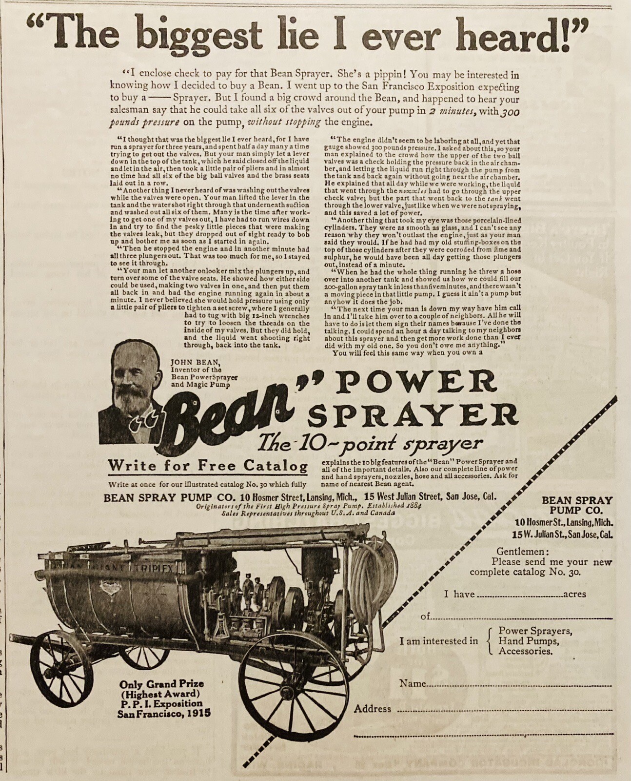 1917 AD.(XH71)~BEAN SPRAY PUMP CO. HOSMER ST. LANSING, MI. BEAN POWER SPRAYERS