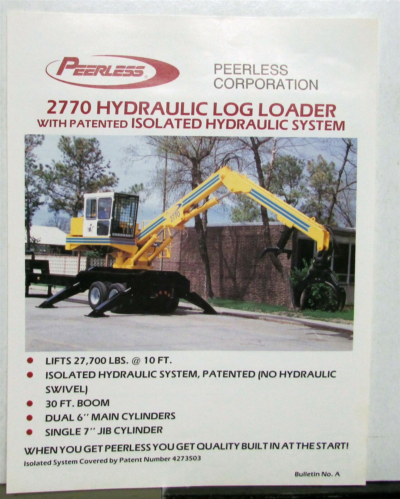1975-1980 Peerless 2770 Hydraulic Log Loader Construction Sales Sheet