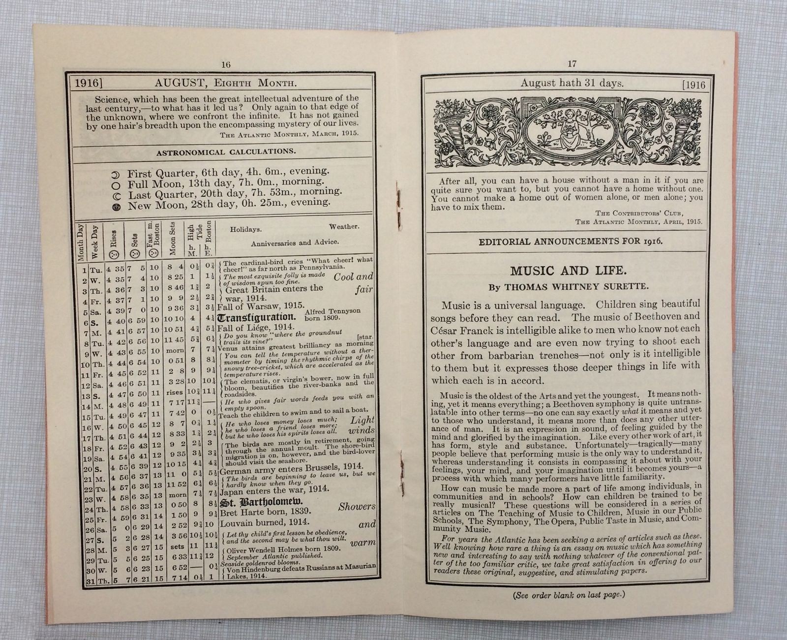 1916 THE ATLANTIC MONTHLY LITERARY ALMANAC, BOSTON MASSACHUSETTS