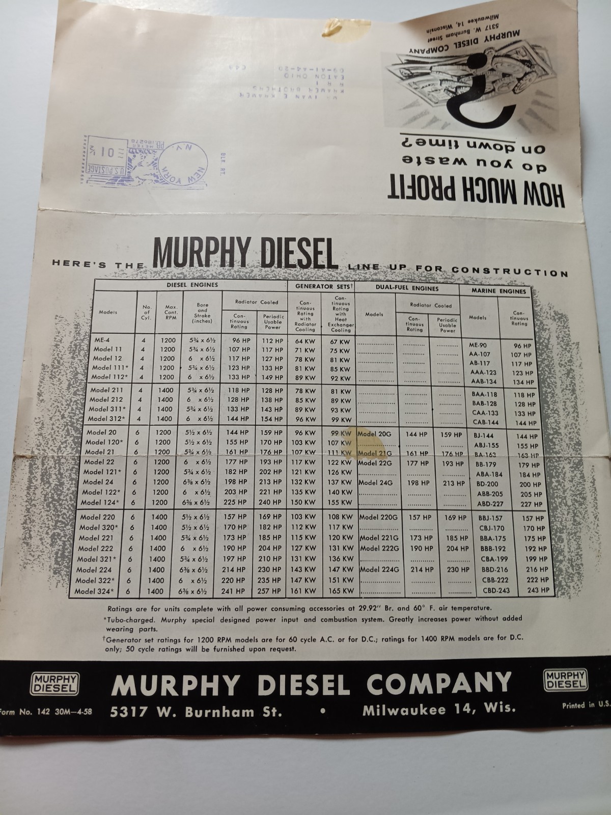 Vintage Murphy Diesel Engines Sales Mailer Advertising Wisconsin 1950s