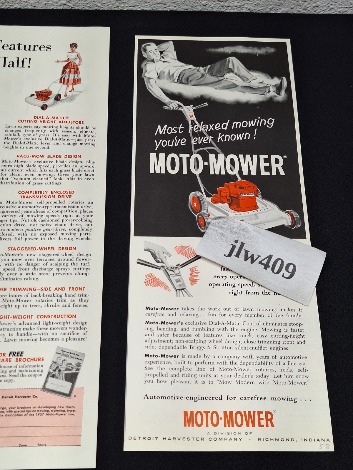 3 Vintage 1956 1957 1958 MOTO-MOWER LAWN MOWER Original Print Ads Magazine