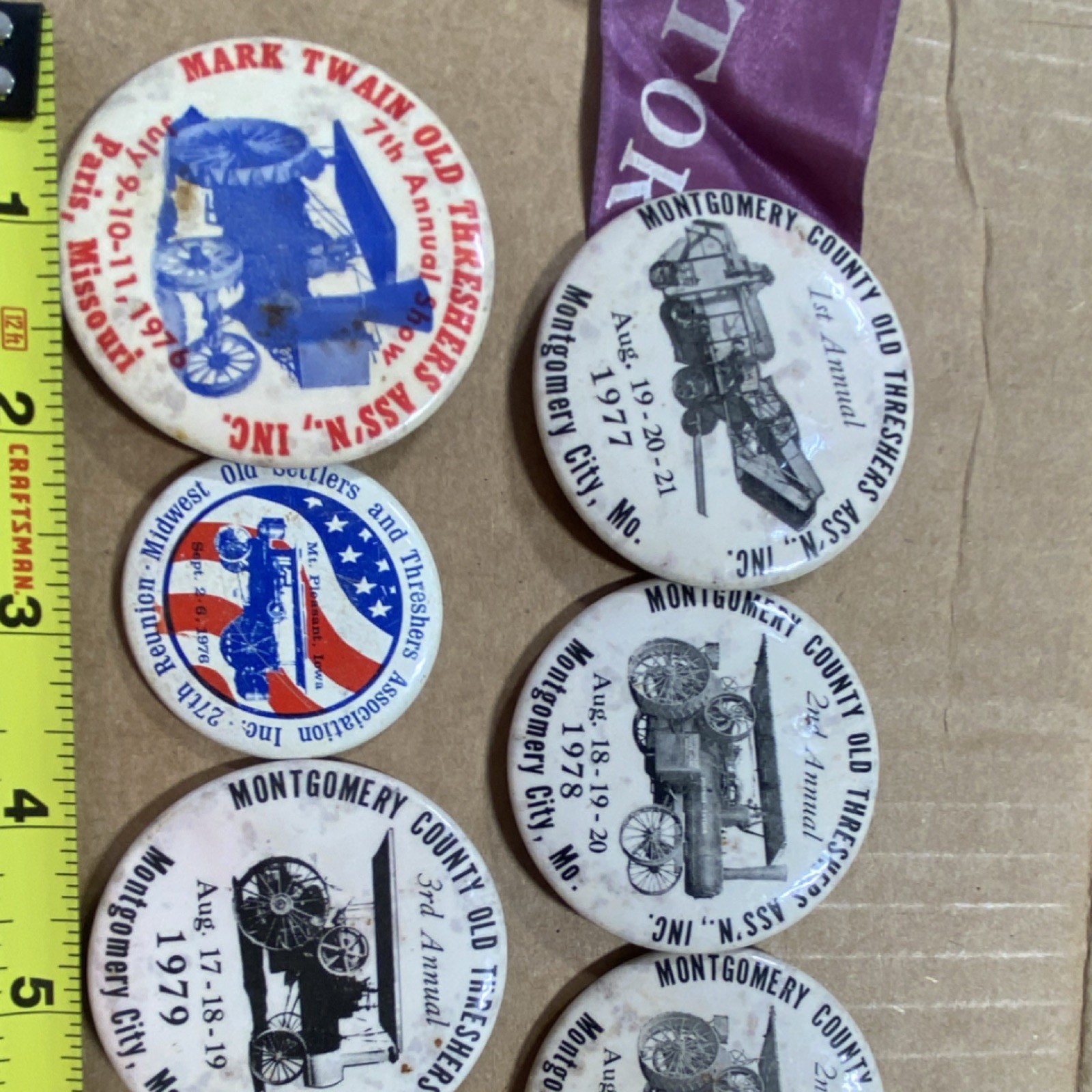 Montgomery County & Mark Twain Old Threshers Agriculture Buttons 1976-1979 Lot