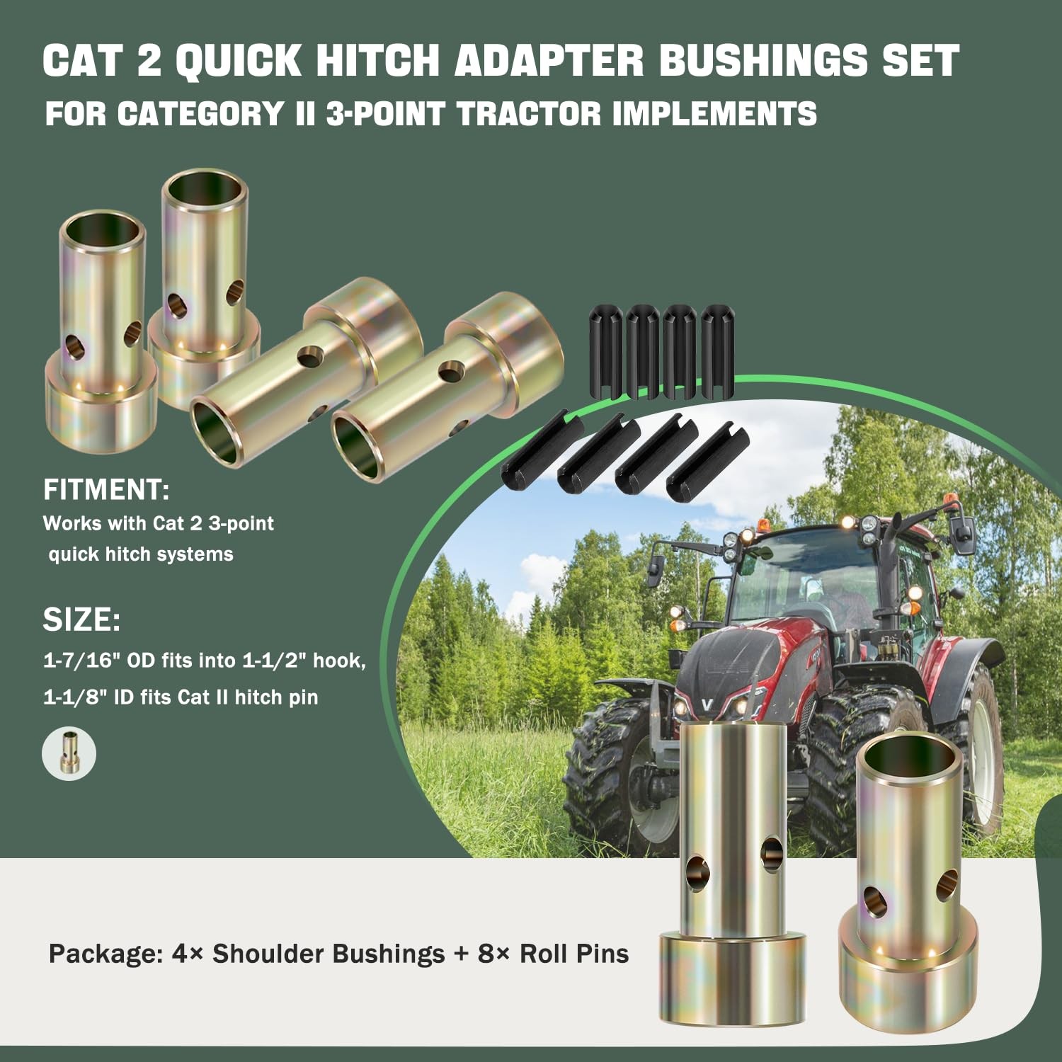 Cat 2 Quick Hitch Bushing Kit Fits 1-1/8&Prime; OD Pins – Complete with 4 Bushings