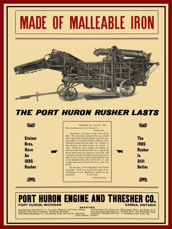 1905 Port Huron Engine & Thresher Co. NEW Metal Sign: Rusher – PH, Michigan