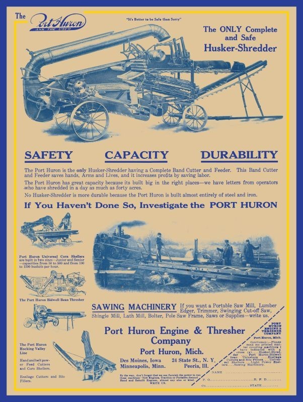 1911 Port Huron Engine & Thresher Co. Husker Shredder NEW METAL SIGN: 12×16&Prime;