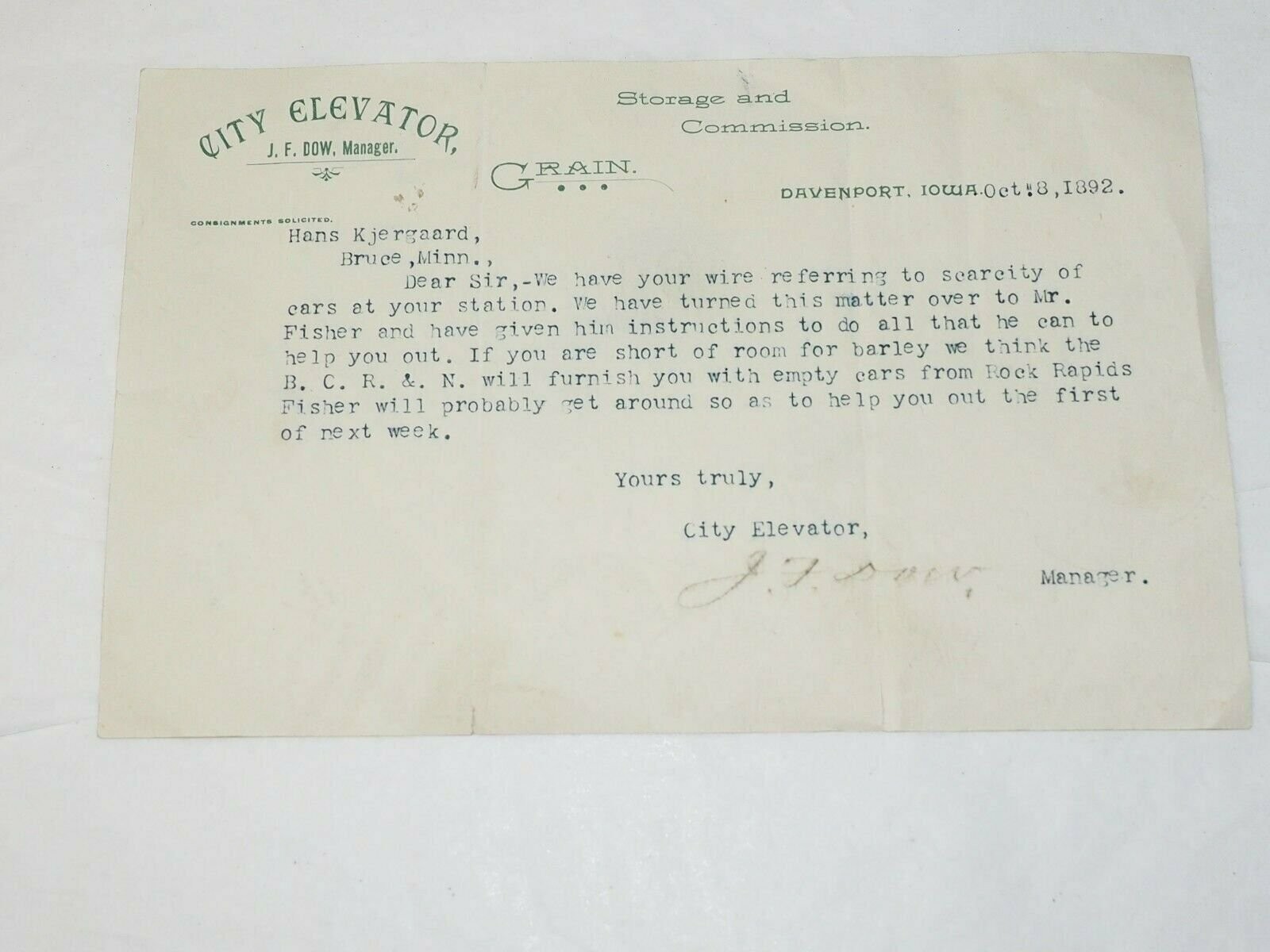 CITY ELEVATOR Grain.Letter J.F.DOW signed DAVENPORT Iowa 1892